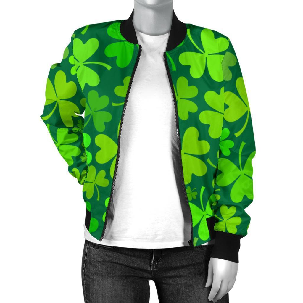 Shamrock St Patrick's Day Print Pattern Women Casual Bomber Jacket-grizzshop