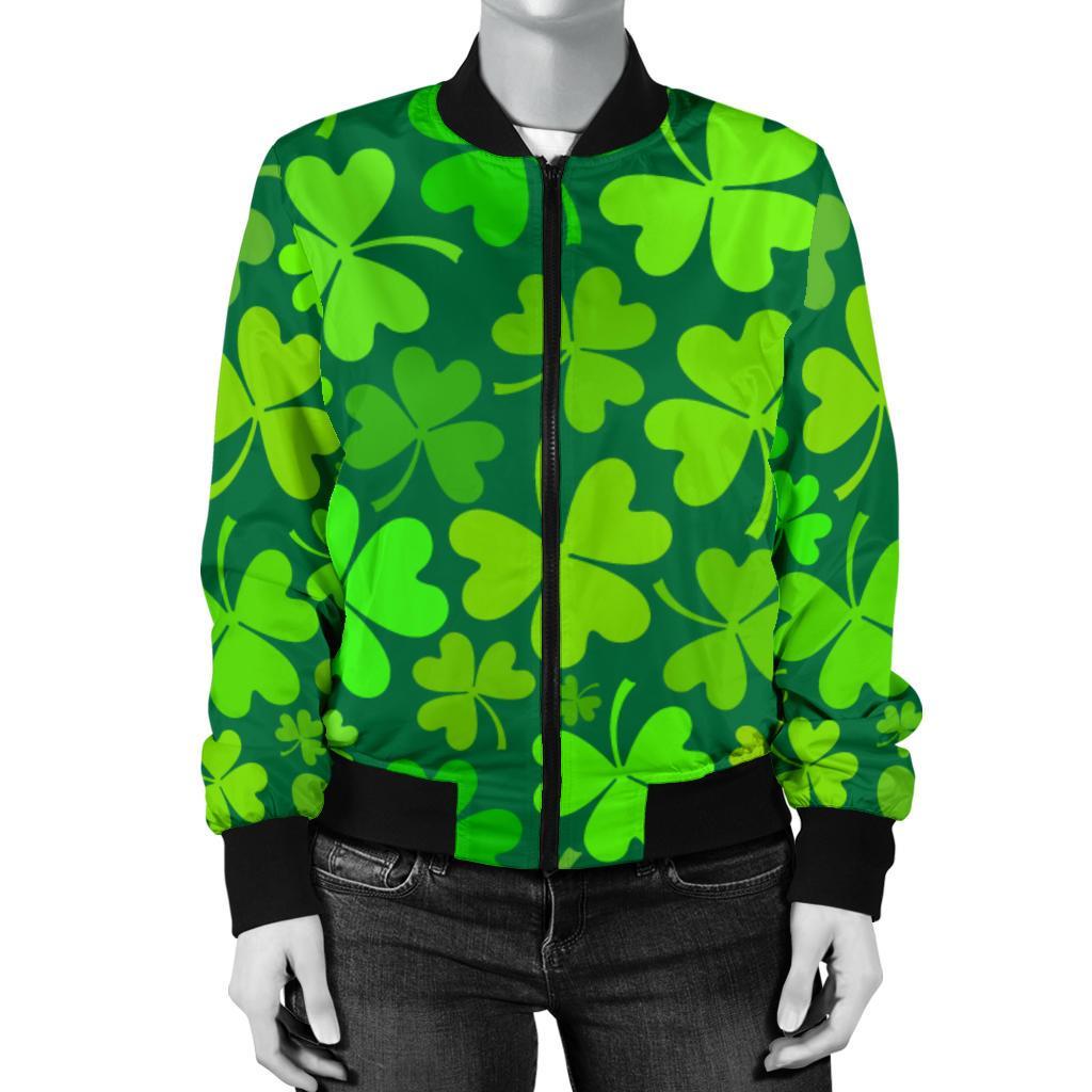 Shamrock St Patrick's Day Print Pattern Women Casual Bomber Jacket-grizzshop