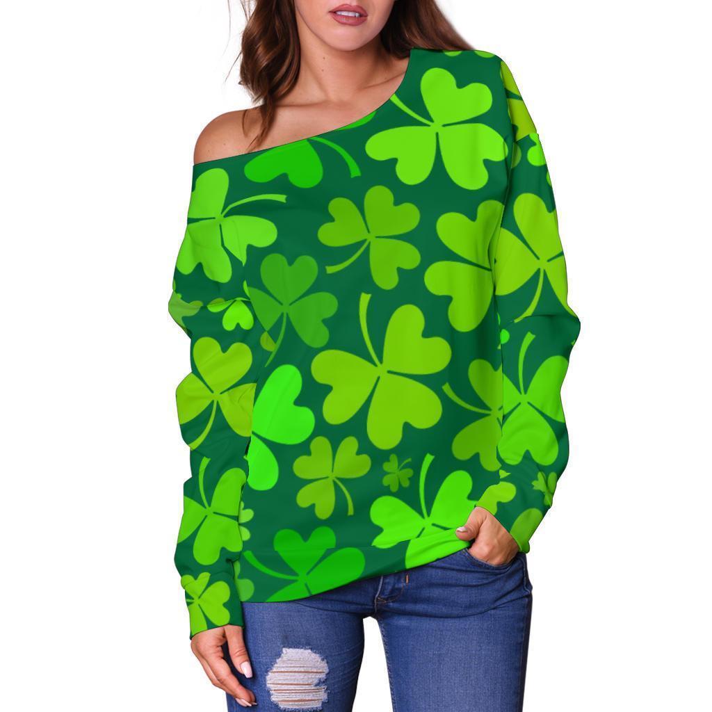 Shamrock St Patrick's Day Print Pattern Women Off Shoulder Sweatshirt-grizzshop