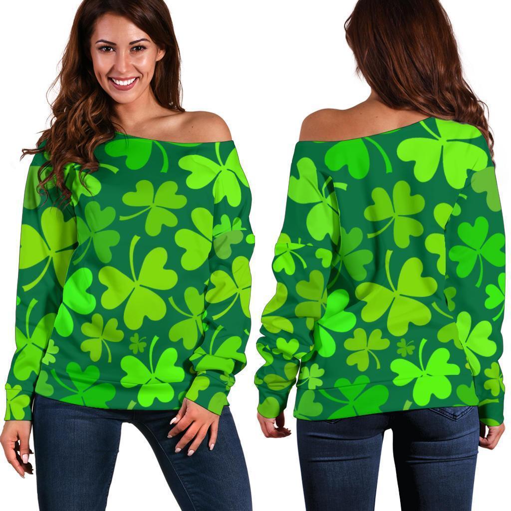 Shamrock St Patrick's Day Print Pattern Women Off Shoulder Sweatshirt-grizzshop