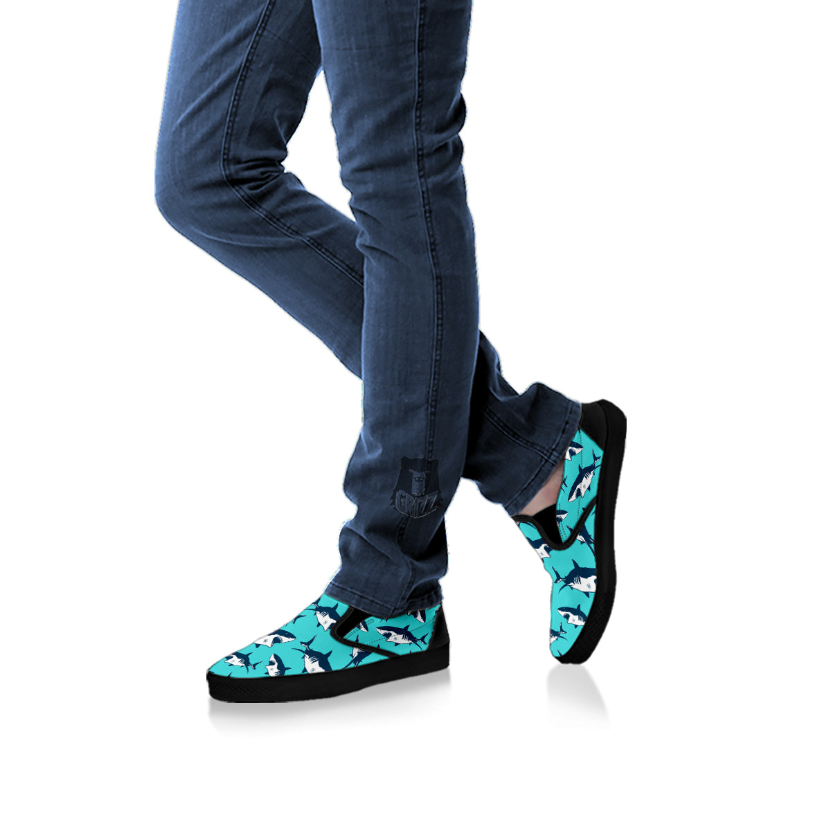 Shark Blue Print Pattern Black Slip On Shoes-grizzshop