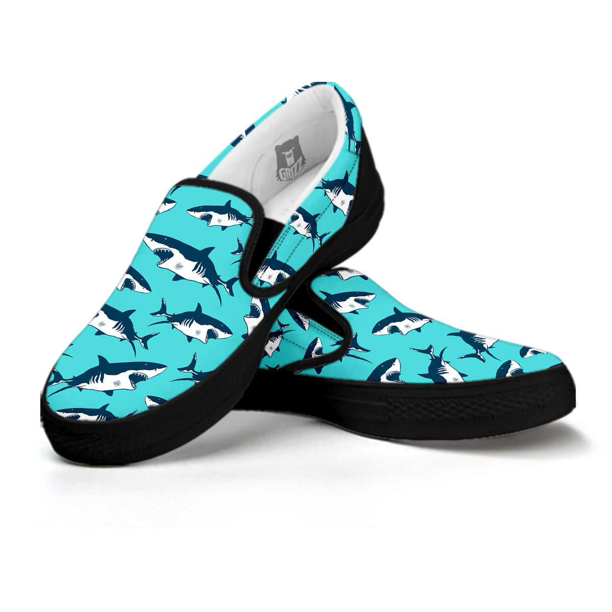 Shark Blue Print Pattern Black Slip On Shoes-grizzshop