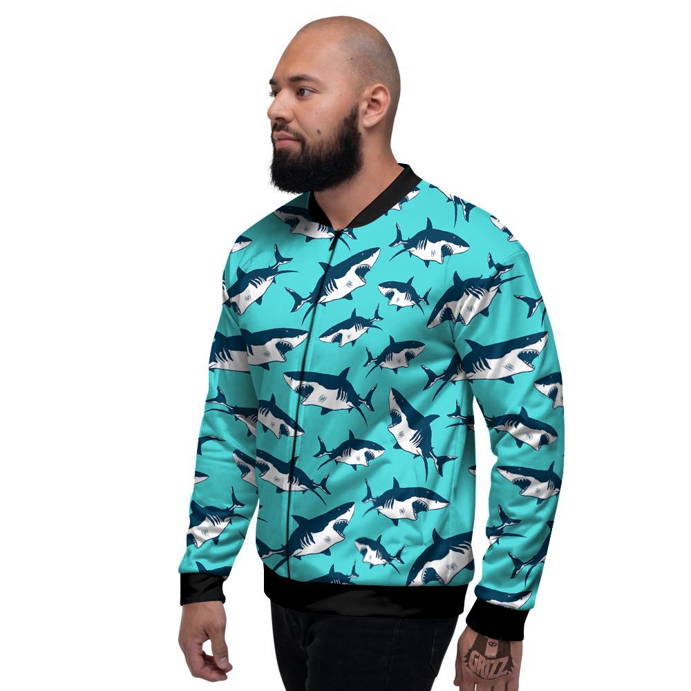 Shark Blue Print Pattern Men's Bomber Jacket-grizzshop