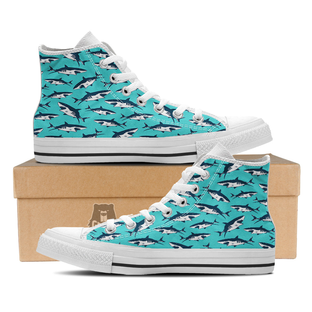 Shark Blue Print Pattern White High Top Shoes-grizzshop