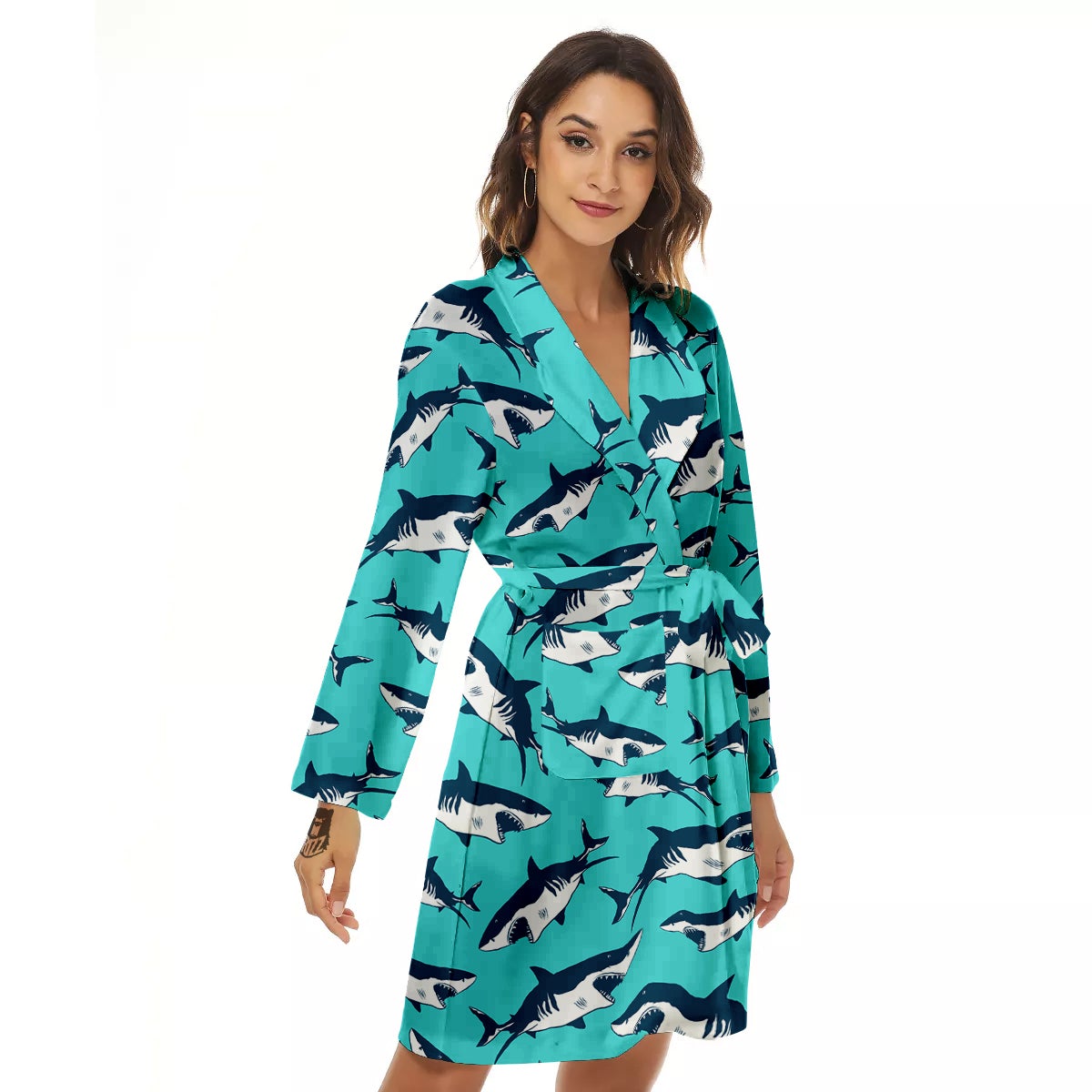 Shark Blue Print Pattern Women's Robe-grizzshop