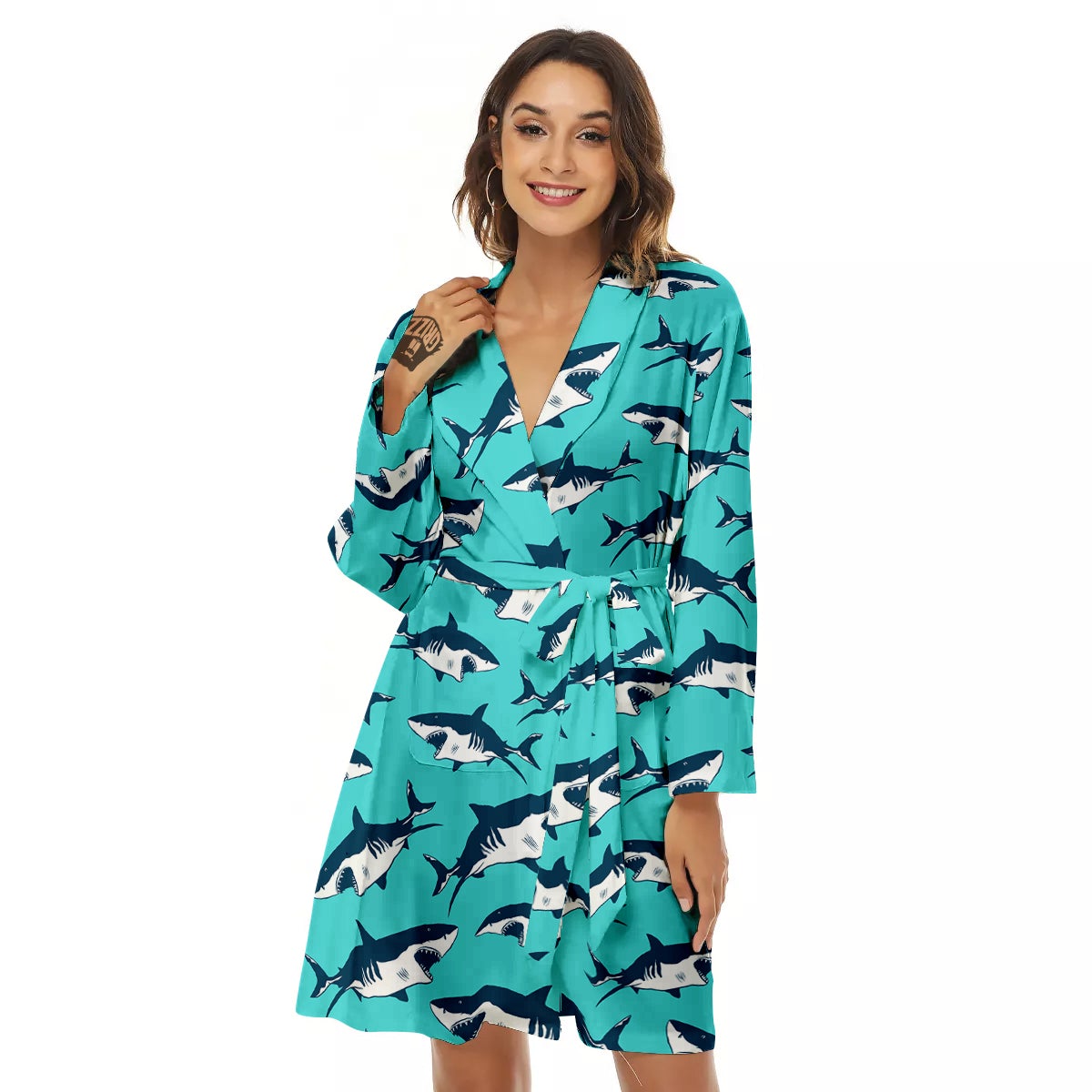 Shark Blue Print Pattern Women's Robe-grizzshop