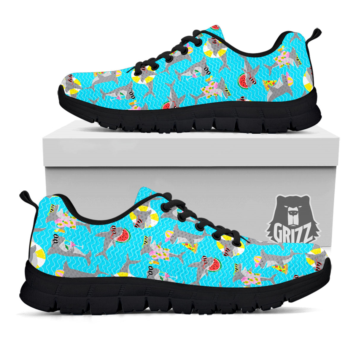 Shark Cartoon Print Pattern Black Sneaker-grizzshop