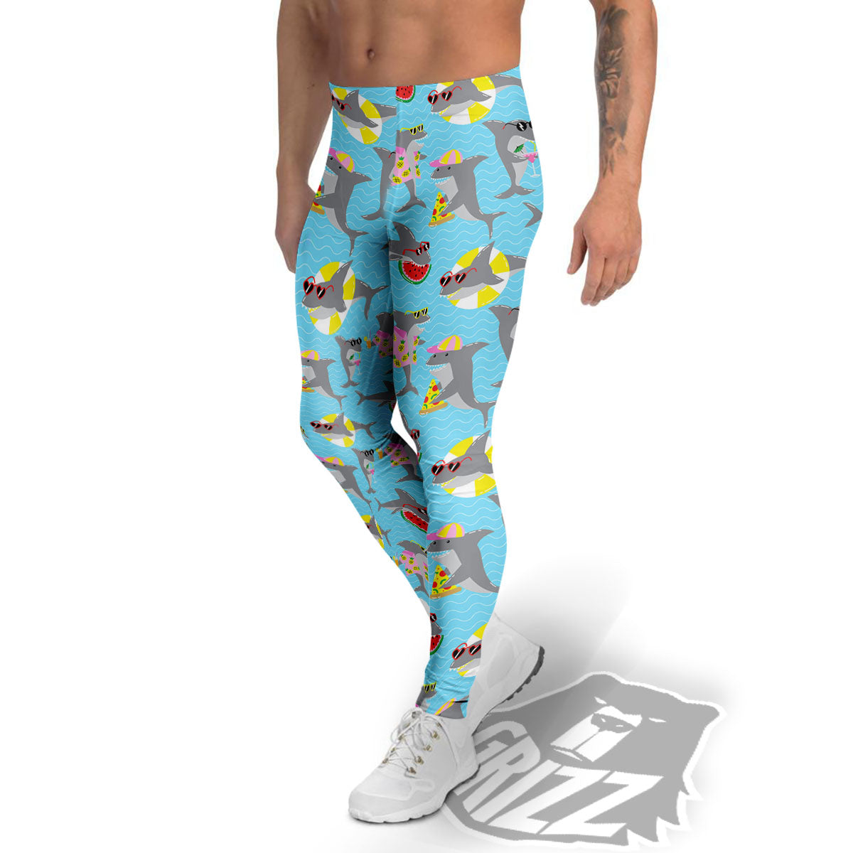 Shark Cartoon Print Pattern Men's Leggings-grizzshop
