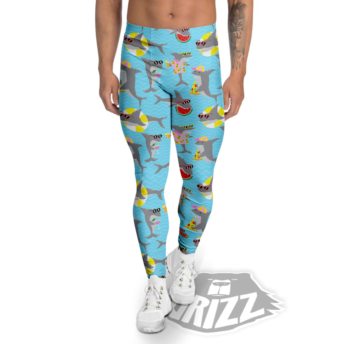 Shark Cartoon Print Pattern Men's Leggings-grizzshop