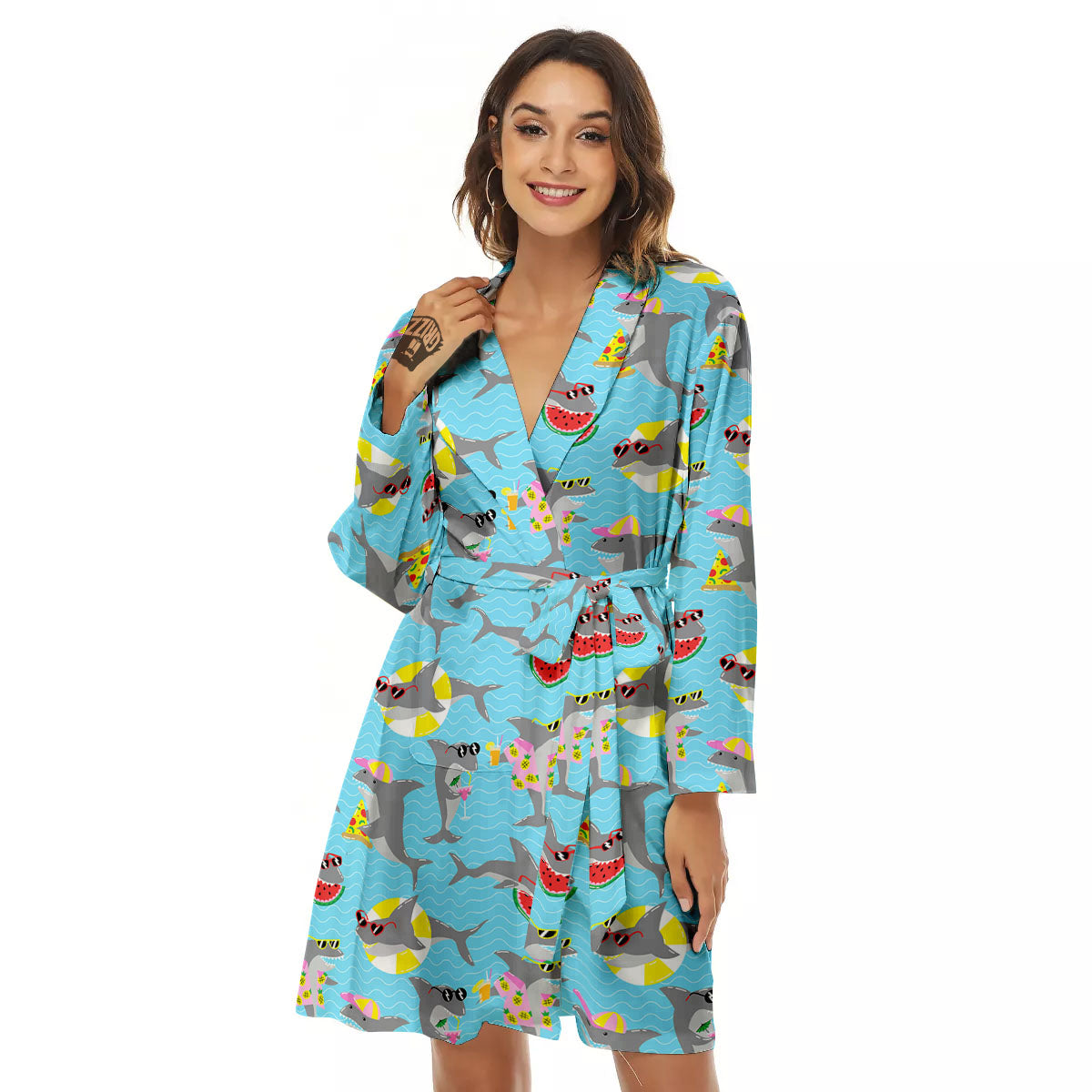 Shark Cartoon Print Pattern Women's Robe-grizzshop