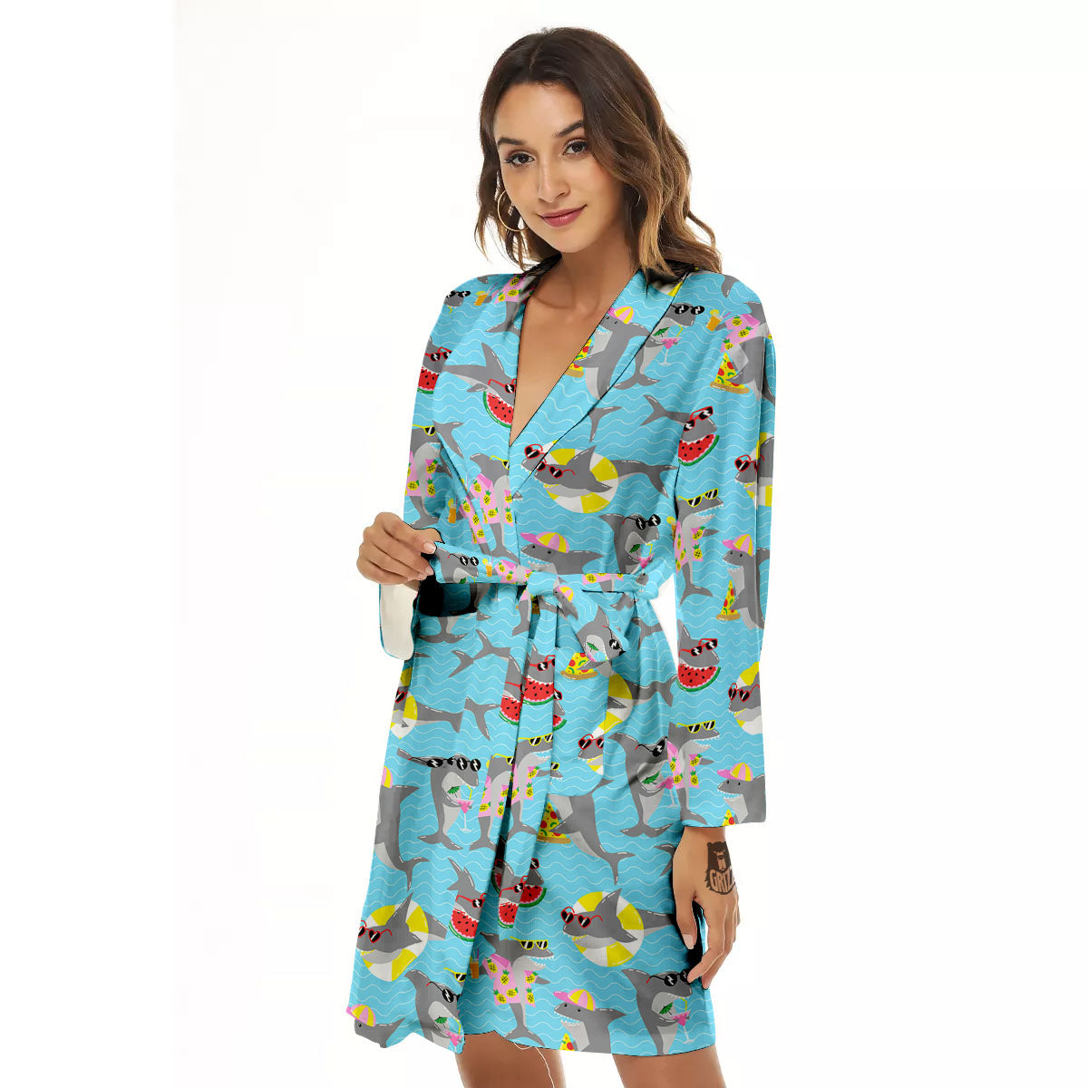 Shark Cartoon Print Pattern Women's Robe-grizzshop