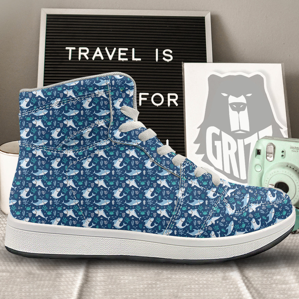 Shark Cute Print Pattern High Top Sneakers-grizzshop