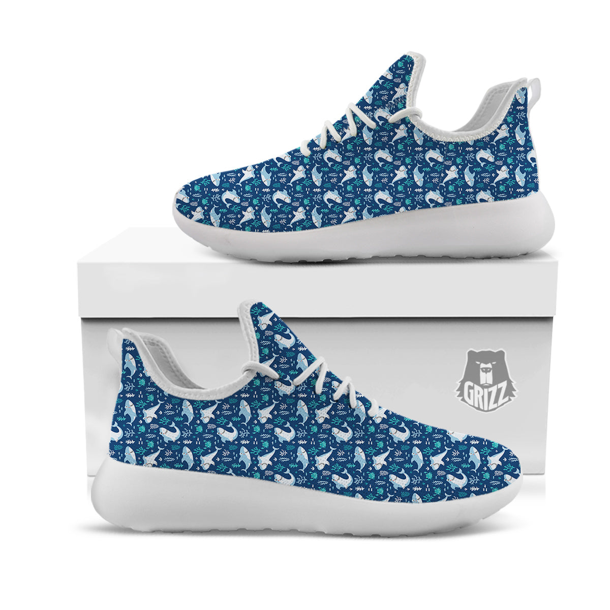 Shark Cute Print Pattern White Athletic Shoes-grizzshop