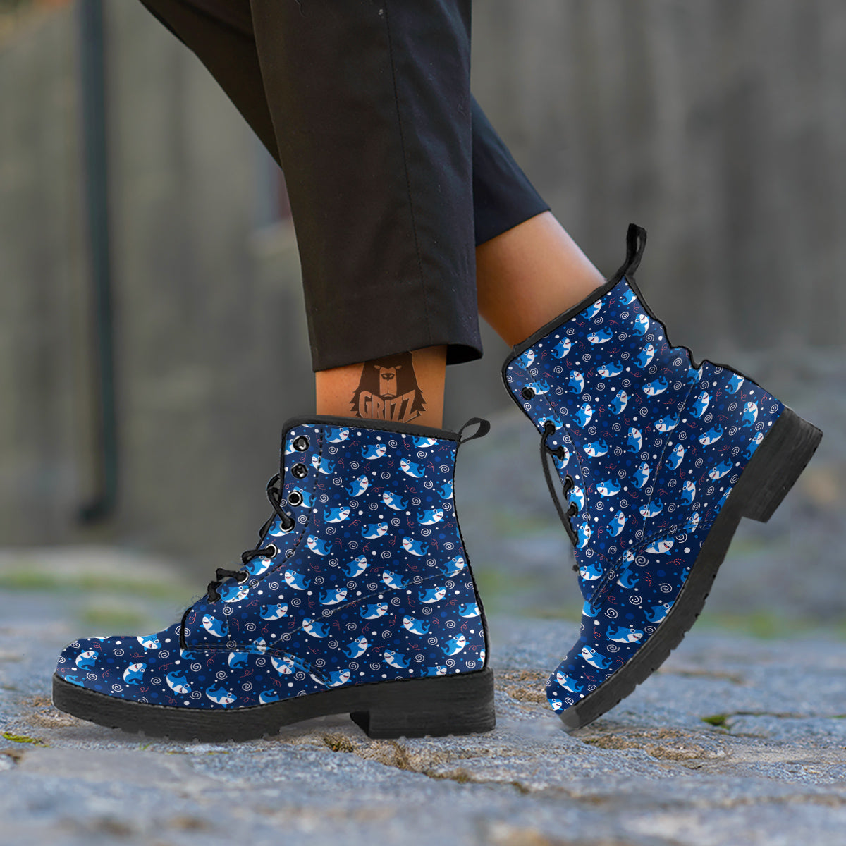 Shark Cute White Print Pattern Leather Boots-grizzshop