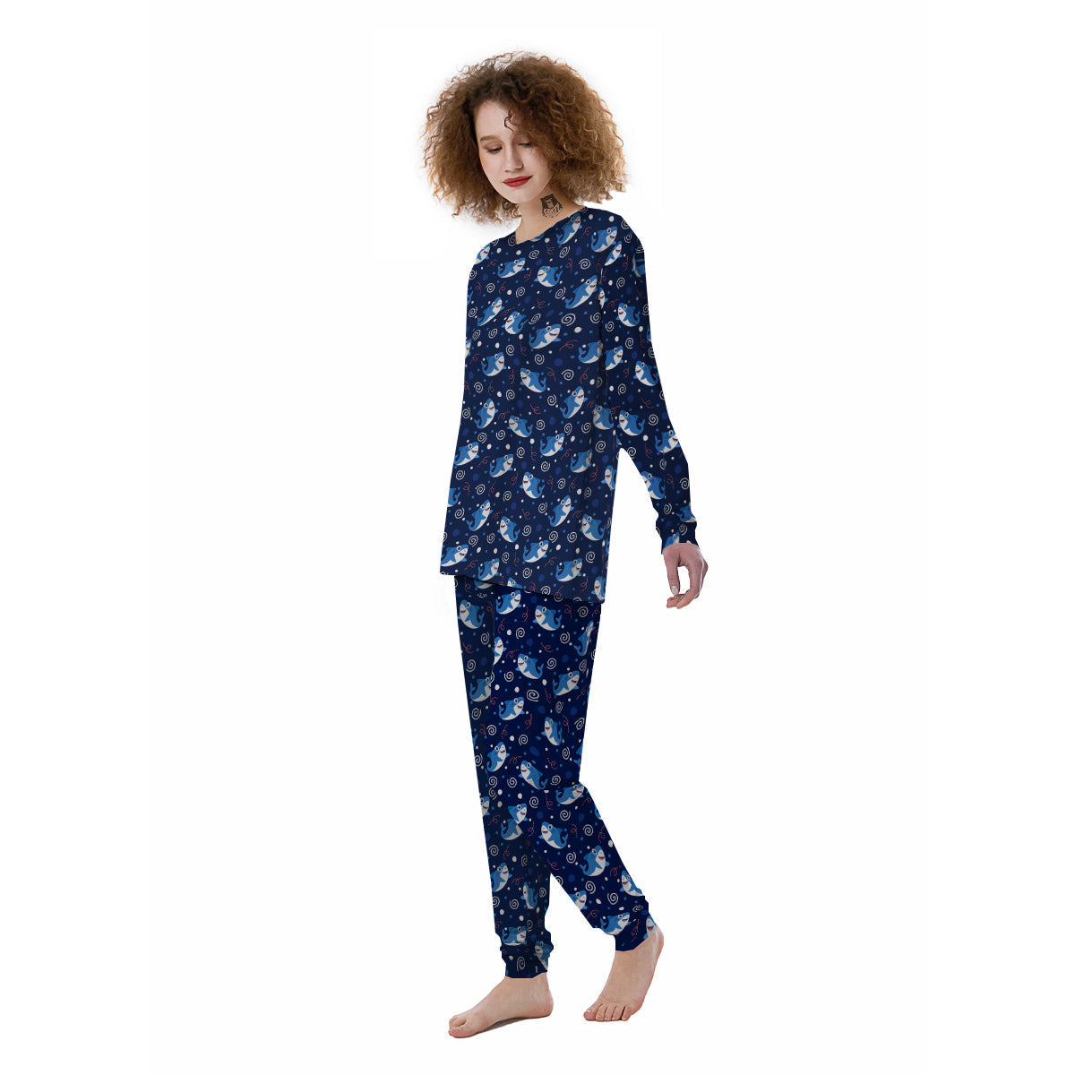 Shark Cute White Print Pattern Women's Pajamas-grizzshop