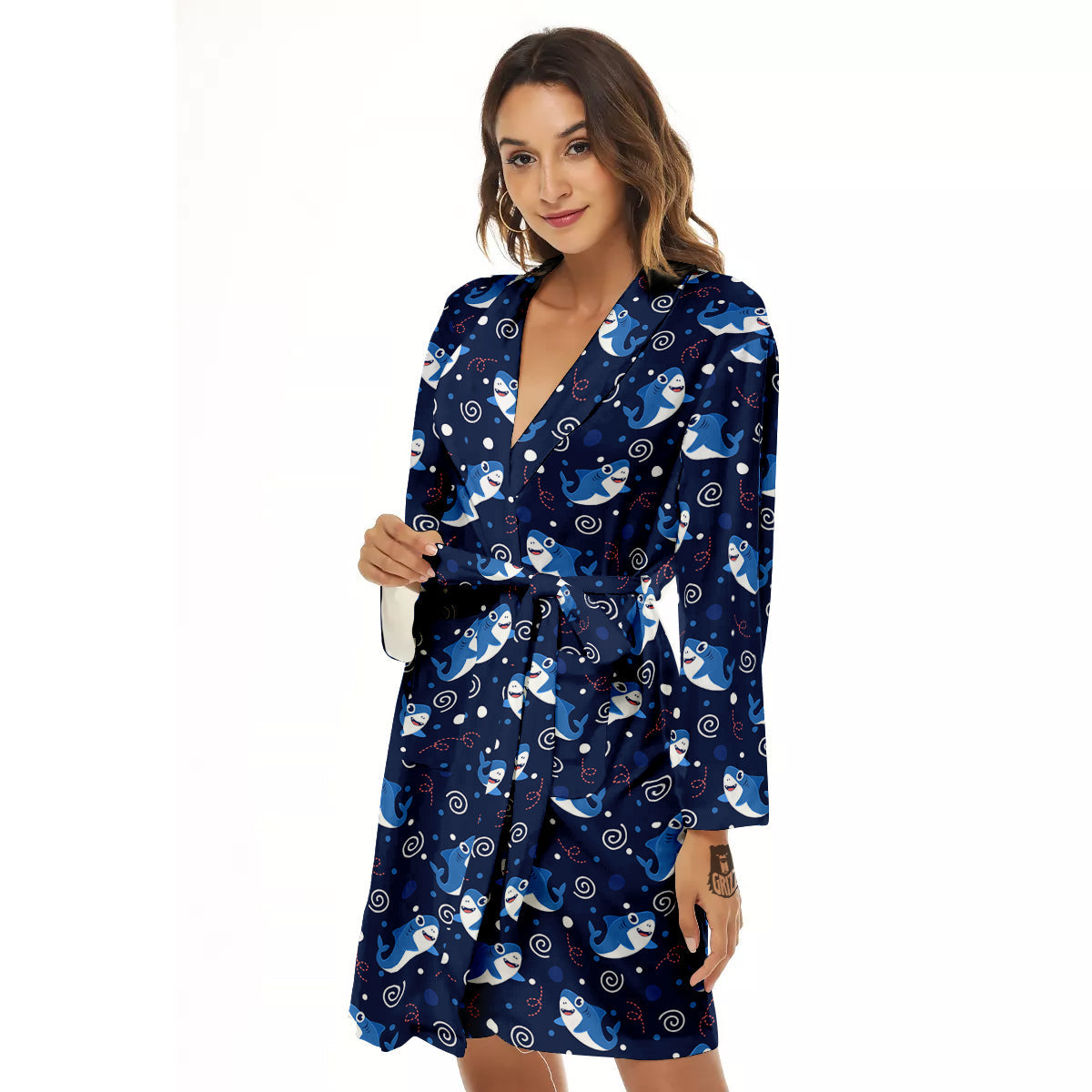 Shark Cute White Print Pattern Women's Robe-grizzshop