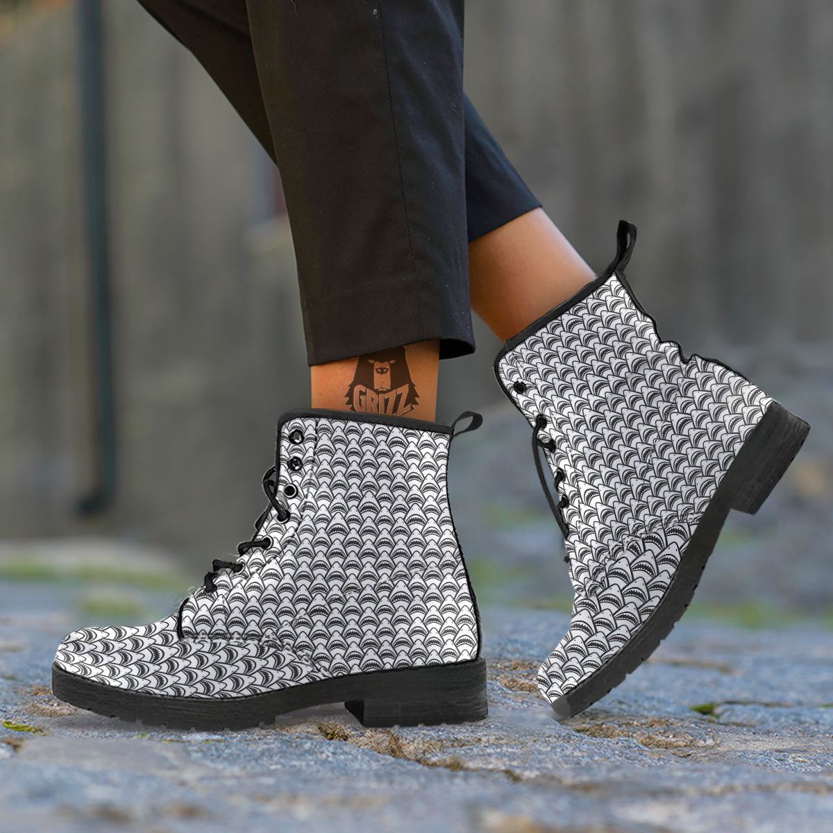 Shark Doodle Print Pattern Leather Boots-grizzshop