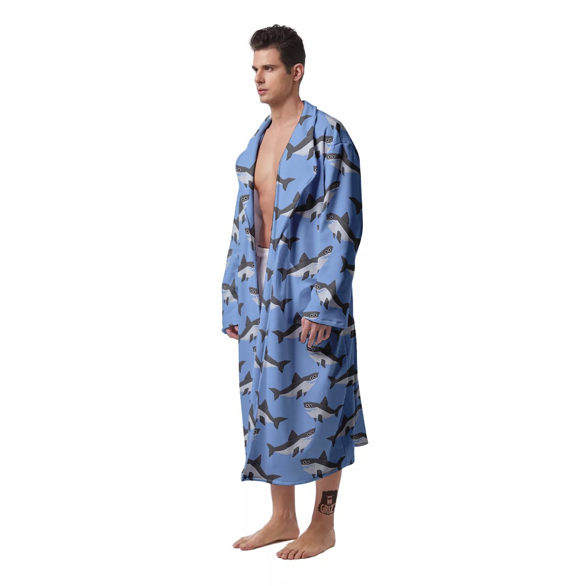 Shark Grey And White Print Pattern Men's Robe-grizzshop