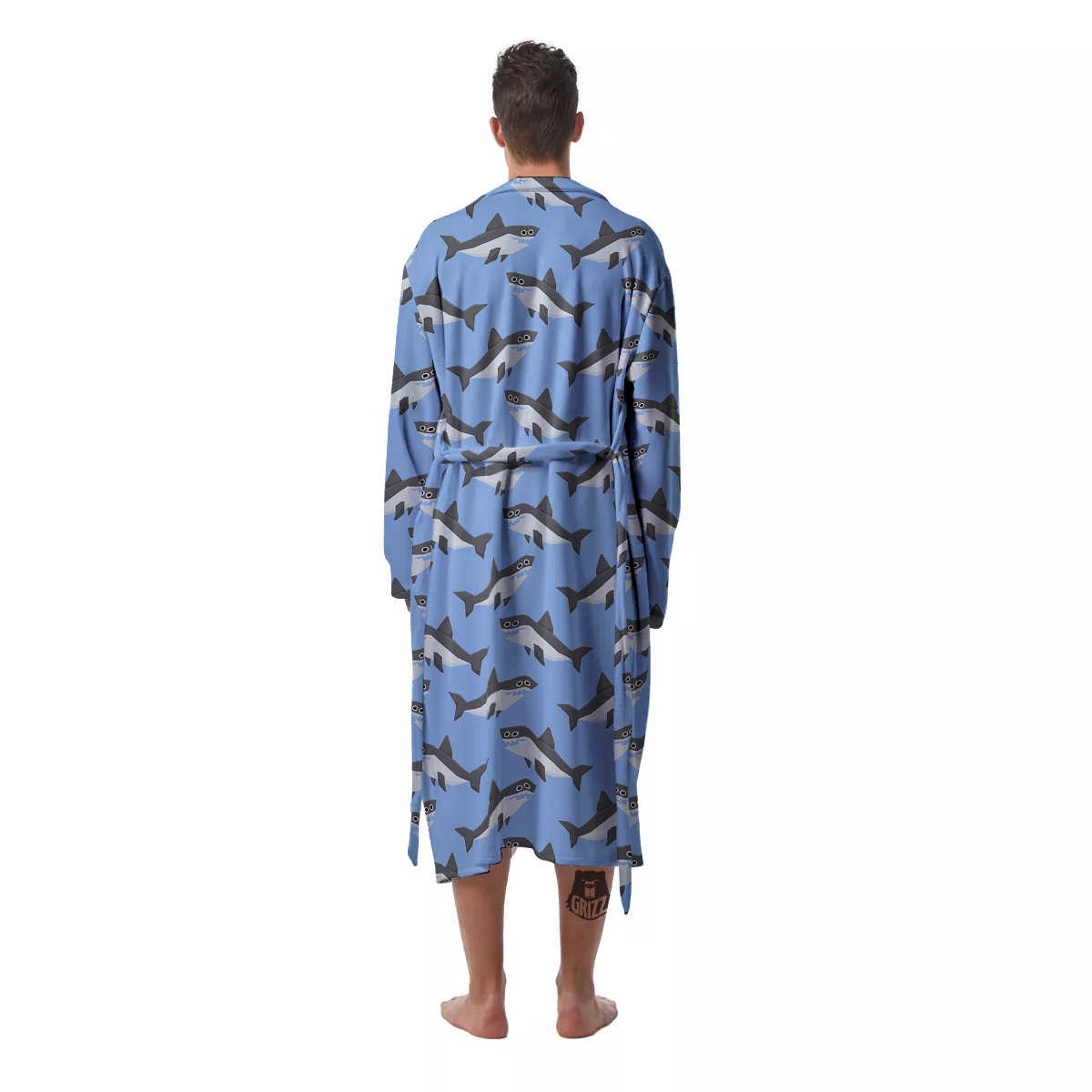 Shark Grey And White Print Pattern Men's Robe-grizzshop