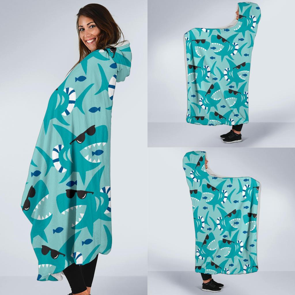 Shark Pattern Print Hooded Blanket-grizzshop