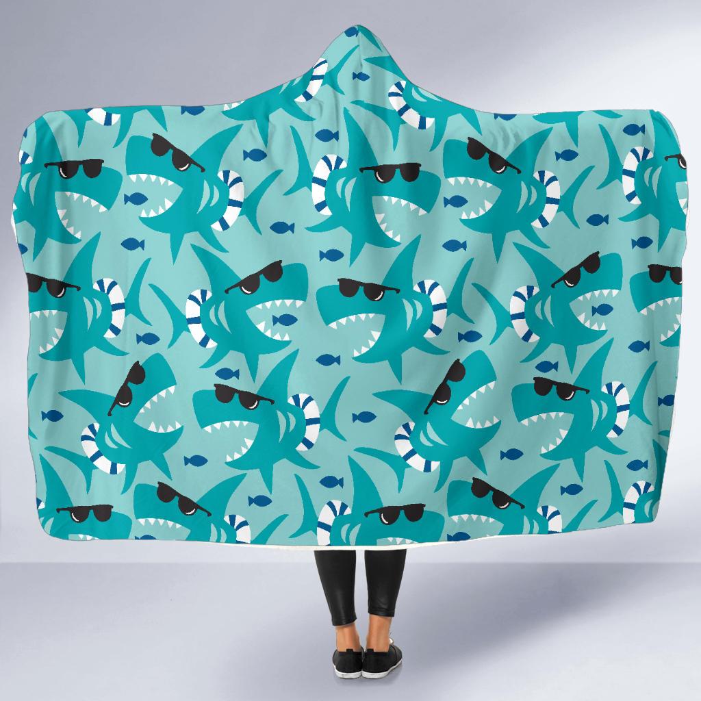 Shark Pattern Print Hooded Blanket-grizzshop