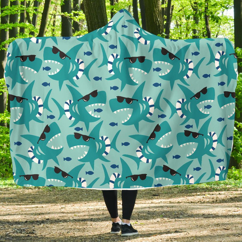 Shark Pattern Print Hooded Blanket-grizzshop