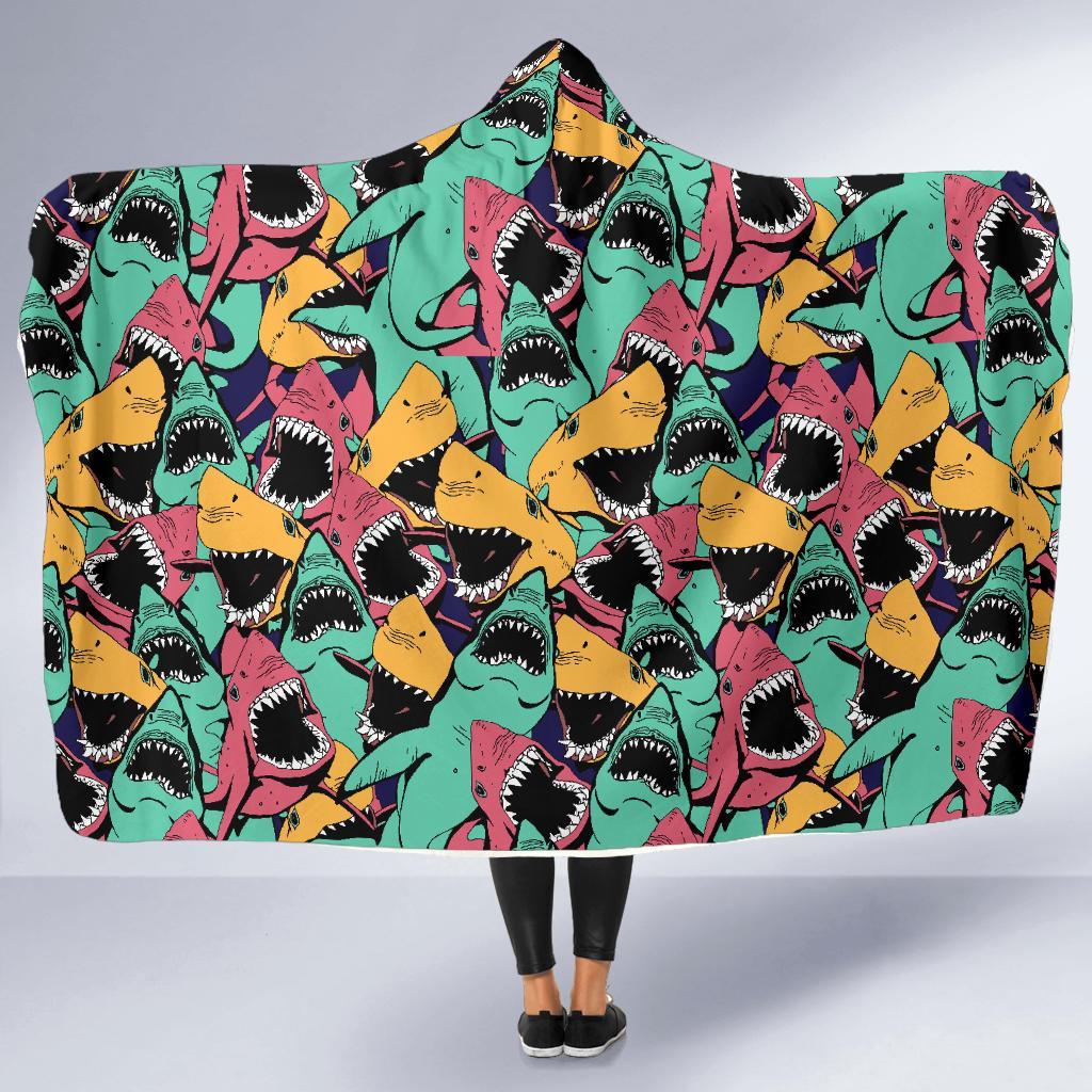 Shark Print Pattern Hooded Blanket-grizzshop