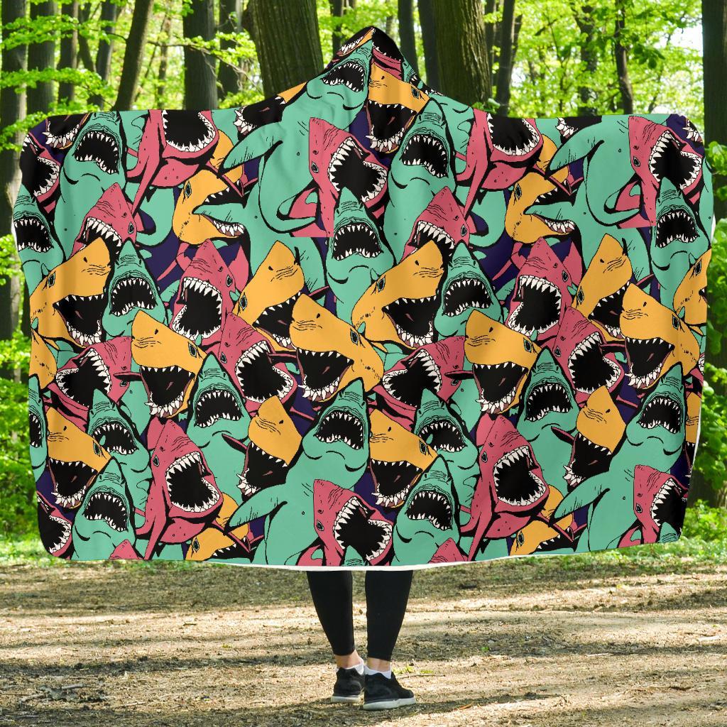 Shark Print Pattern Hooded Blanket-grizzshop