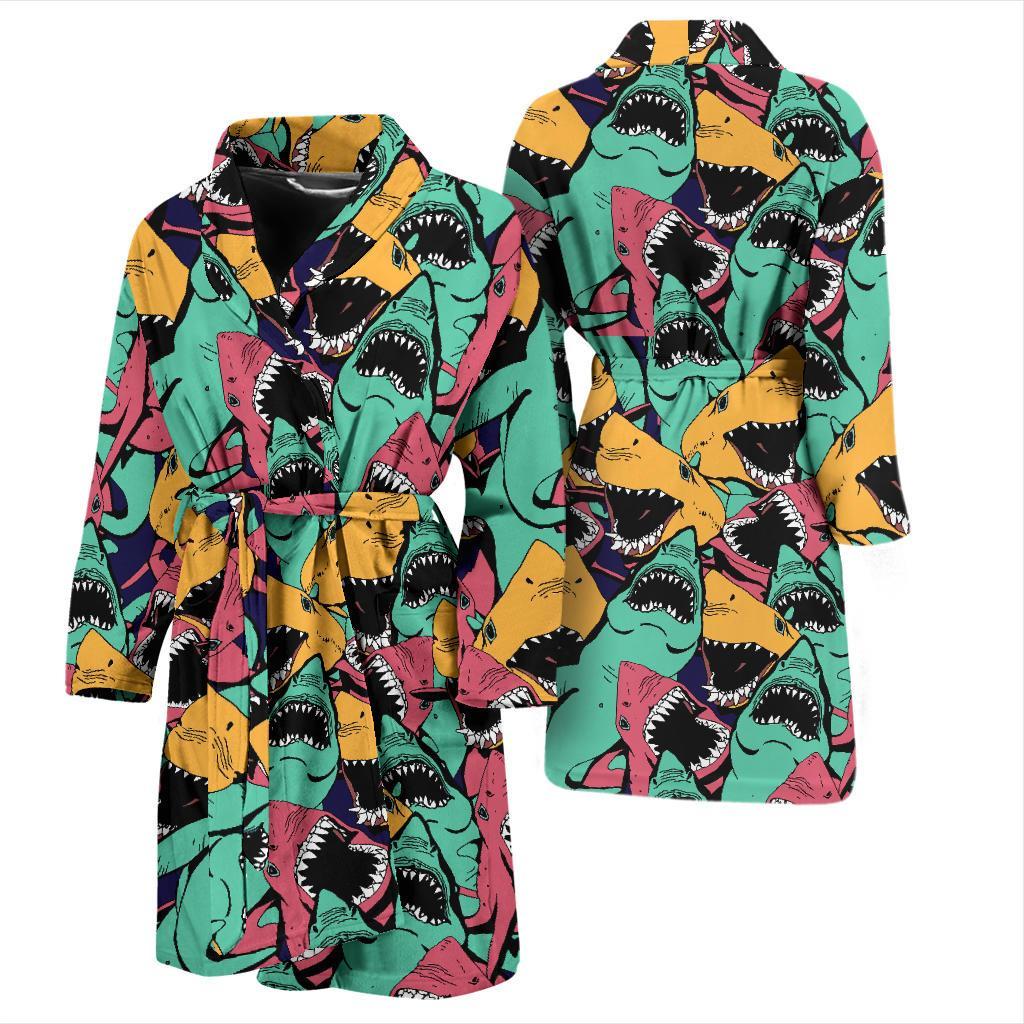 Shark Print Pattern Men Long Robe-grizzshop