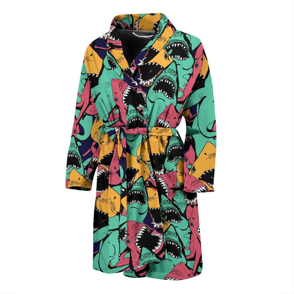 Shark Print Pattern Men Long Robe-grizzshop