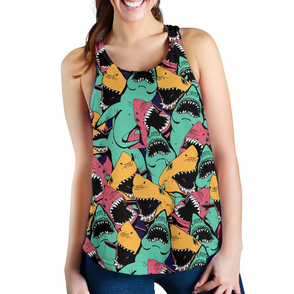 Shark Print Pattern Women's Racerback Tank Tops-grizzshop