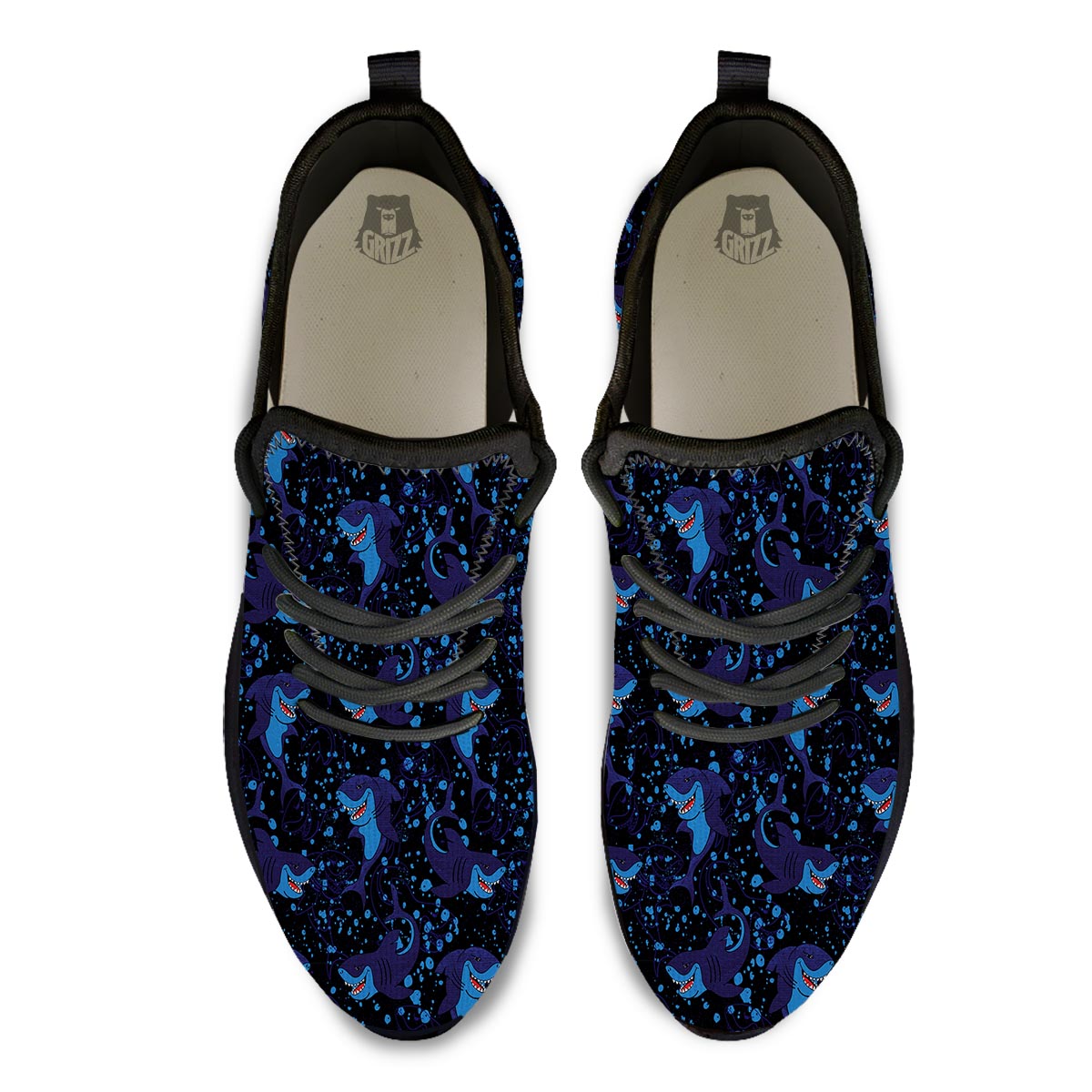 Shark Smiley Print Pattern Black Athletic Shoes-grizzshop