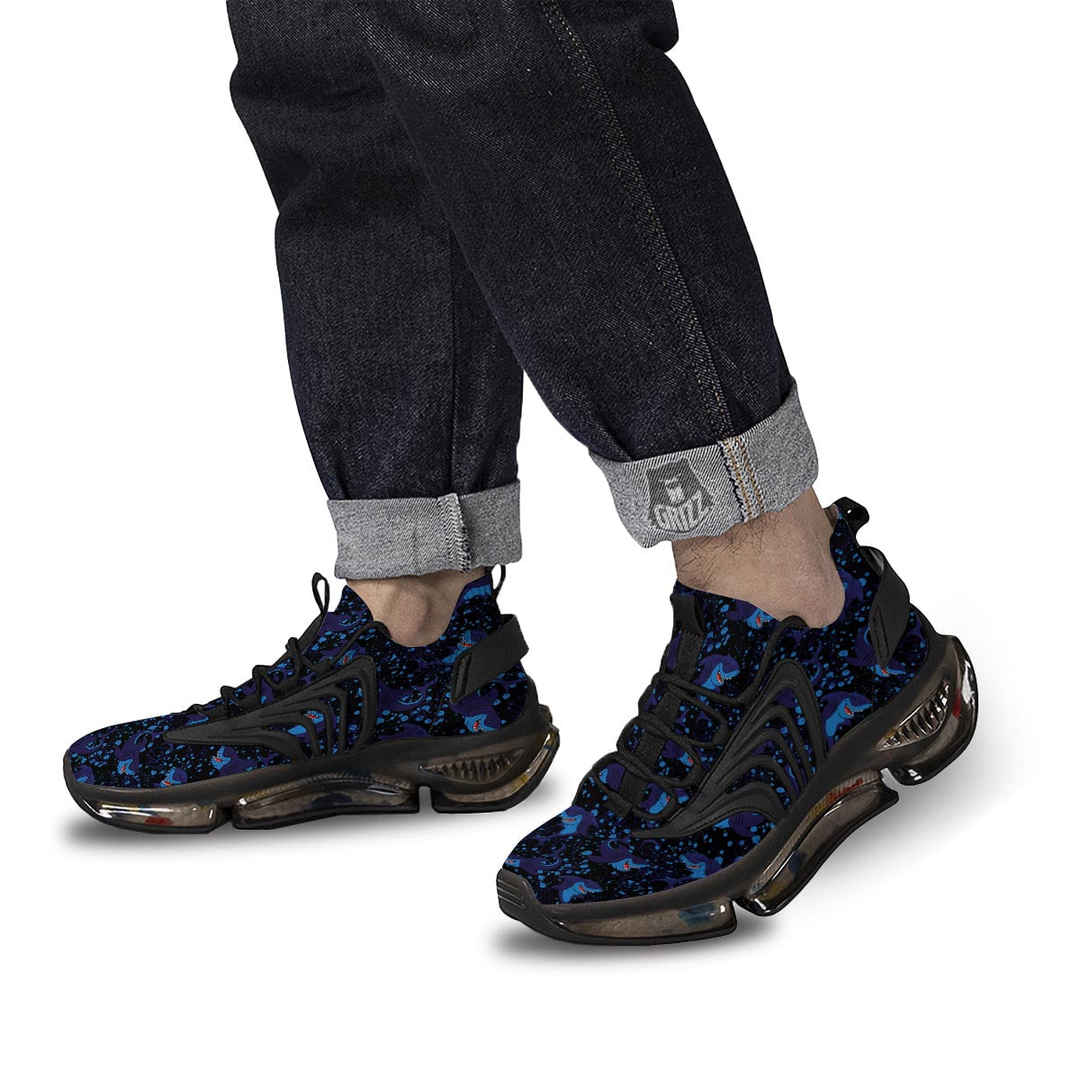 Shark Smiley Print Pattern Black Gym Shoes-grizzshop