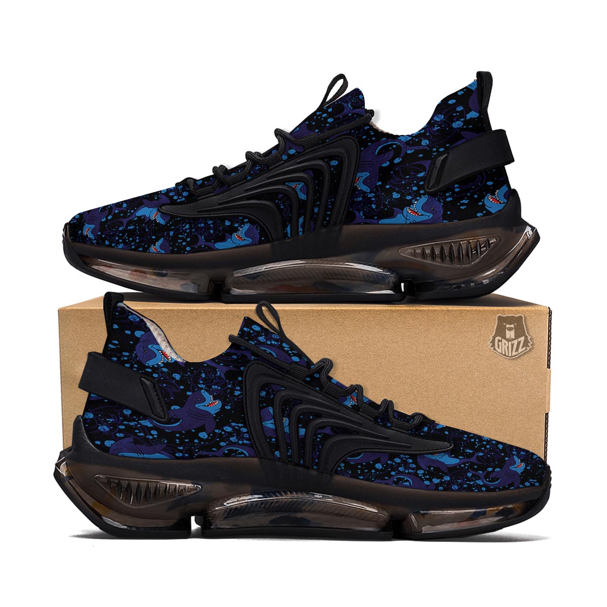 Shark Smiley Print Pattern Black Gym Shoes-grizzshop