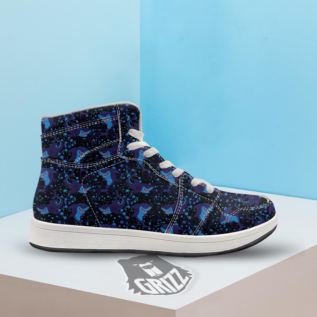 Shark Smiley Print Pattern High Top Sneakers-grizzshop