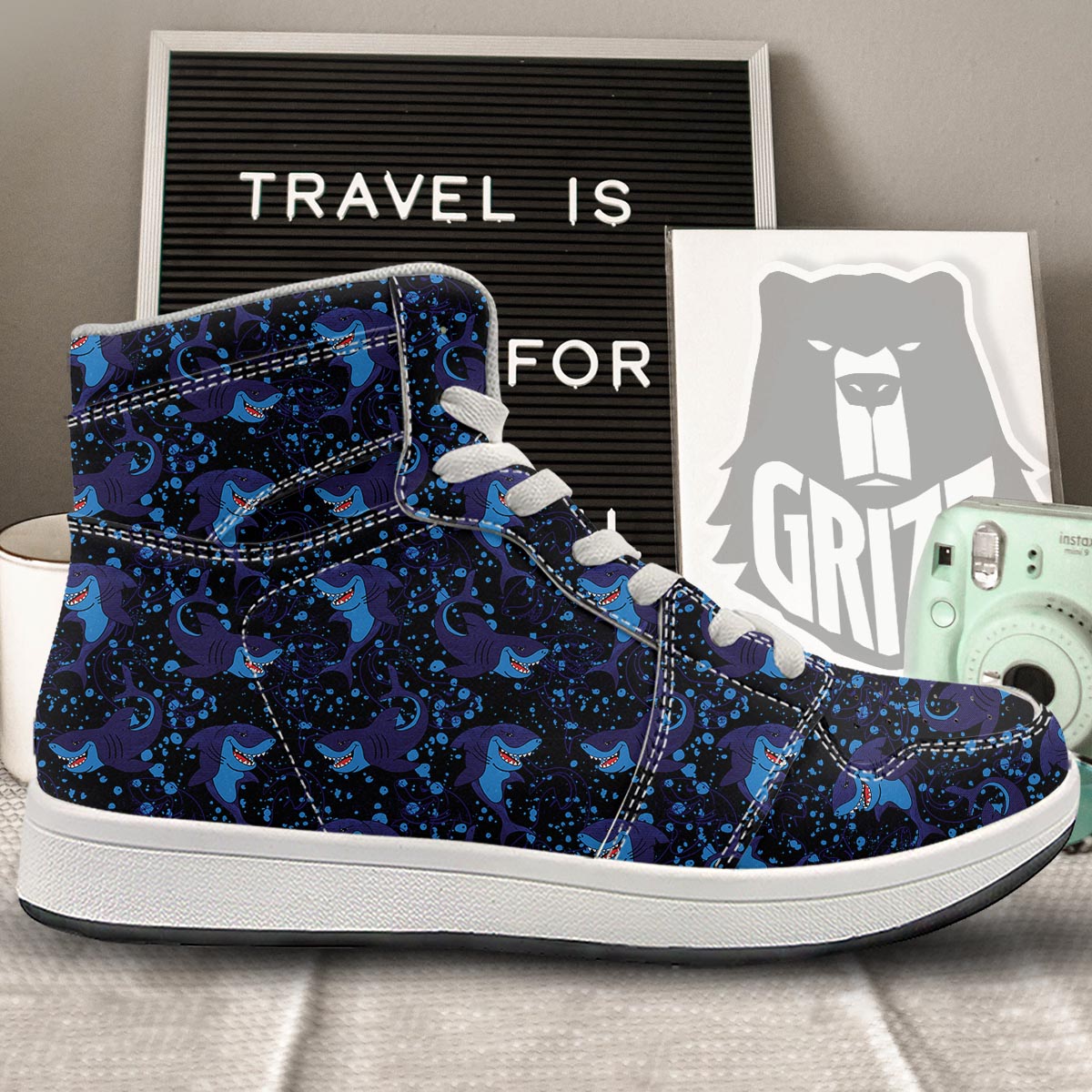 Shark Smiley Print Pattern High Top Sneakers-grizzshop