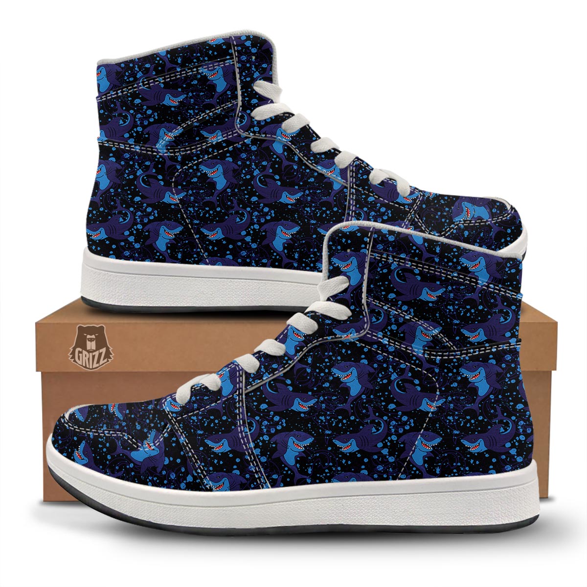 Shark Smiley Print Pattern High Top Sneakers-grizzshop