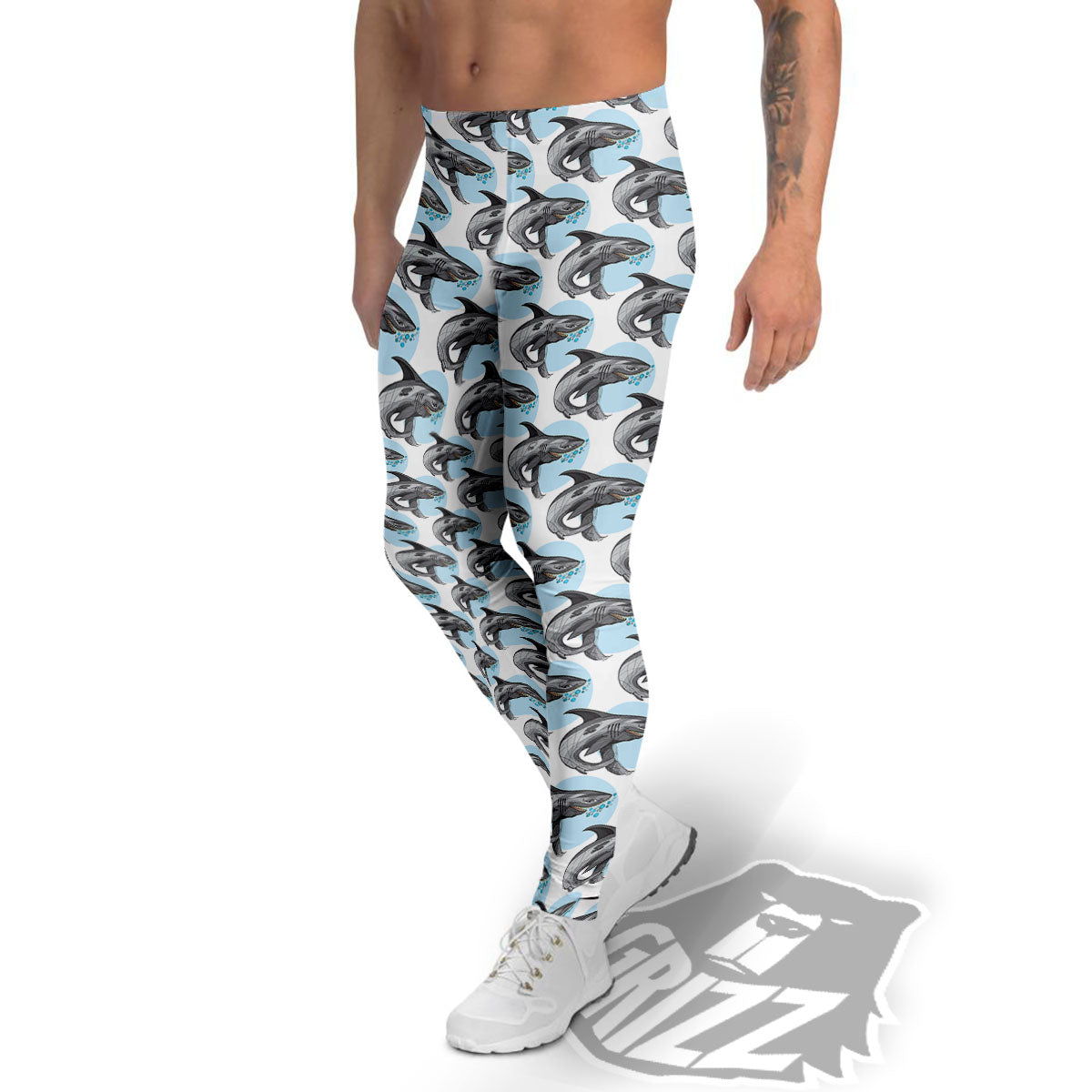 Shark White And Grey Print Pattern Men's Leggings-grizzshop