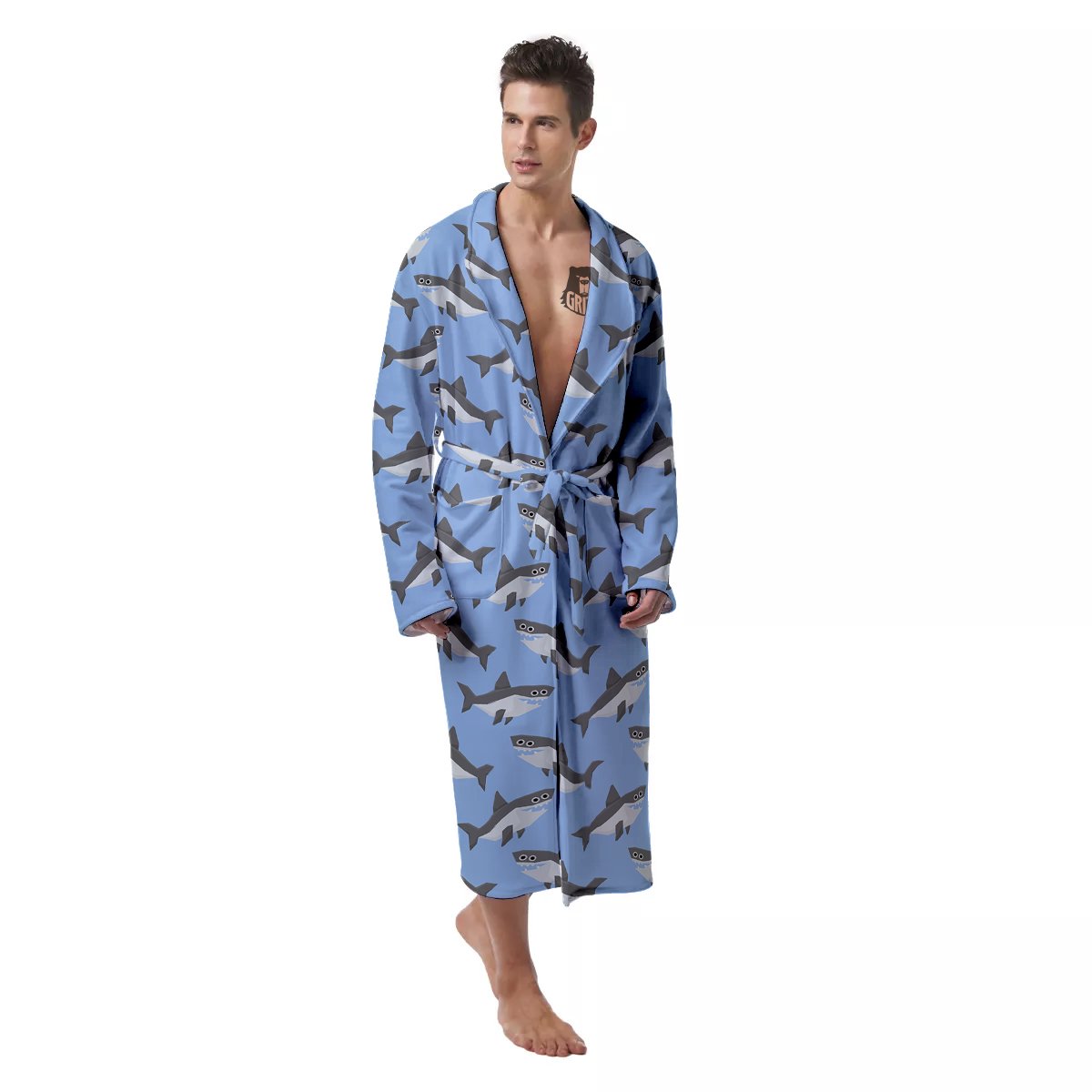 Shark Grey And White Print Pattern Men's Robe-grizzshop