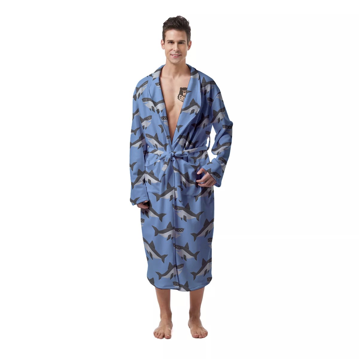 Shark Grey And White Print Pattern Men's Robe-grizzshop