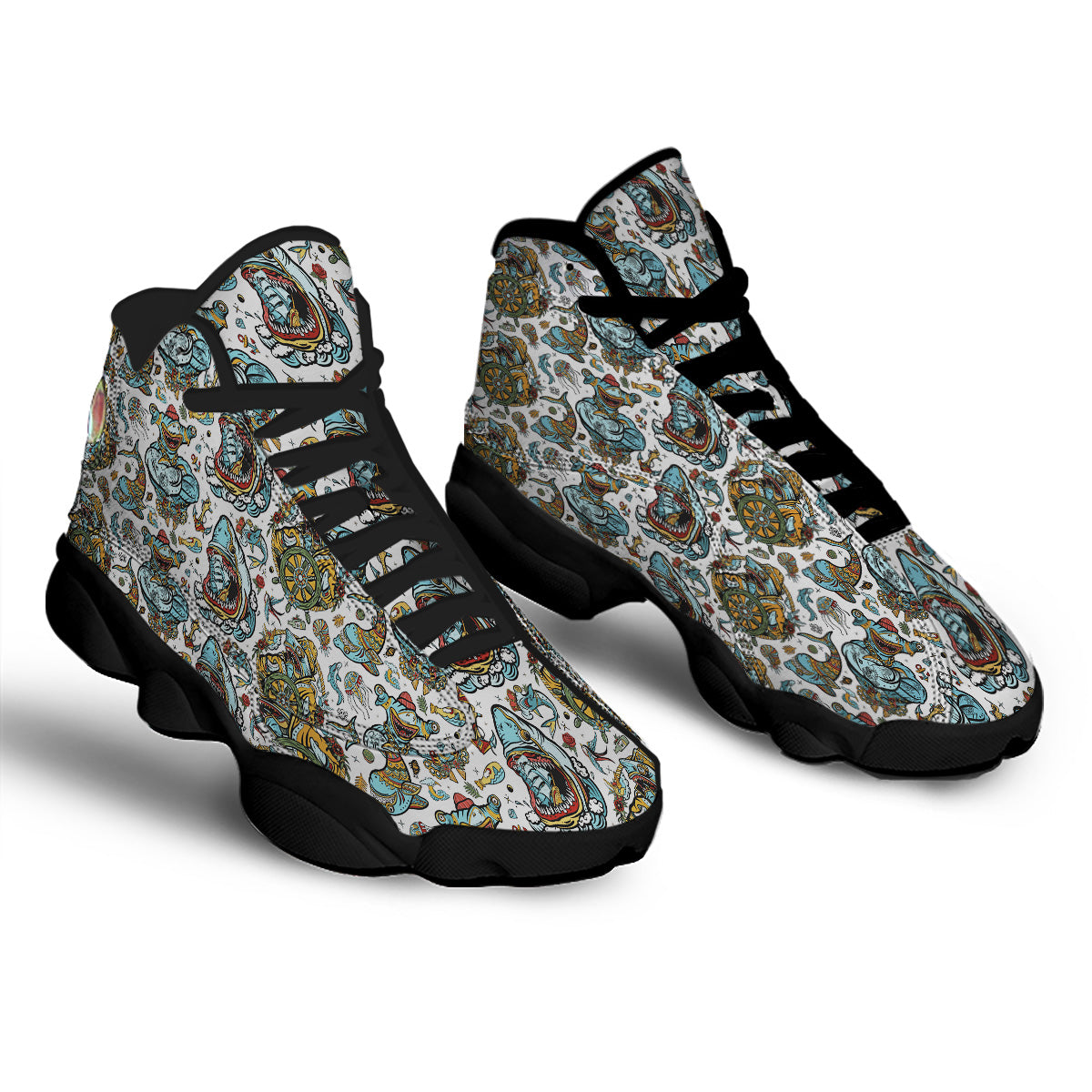 Sharks Underwater Tattoo Print Pattern Black Basketball Shoes-grizzshop