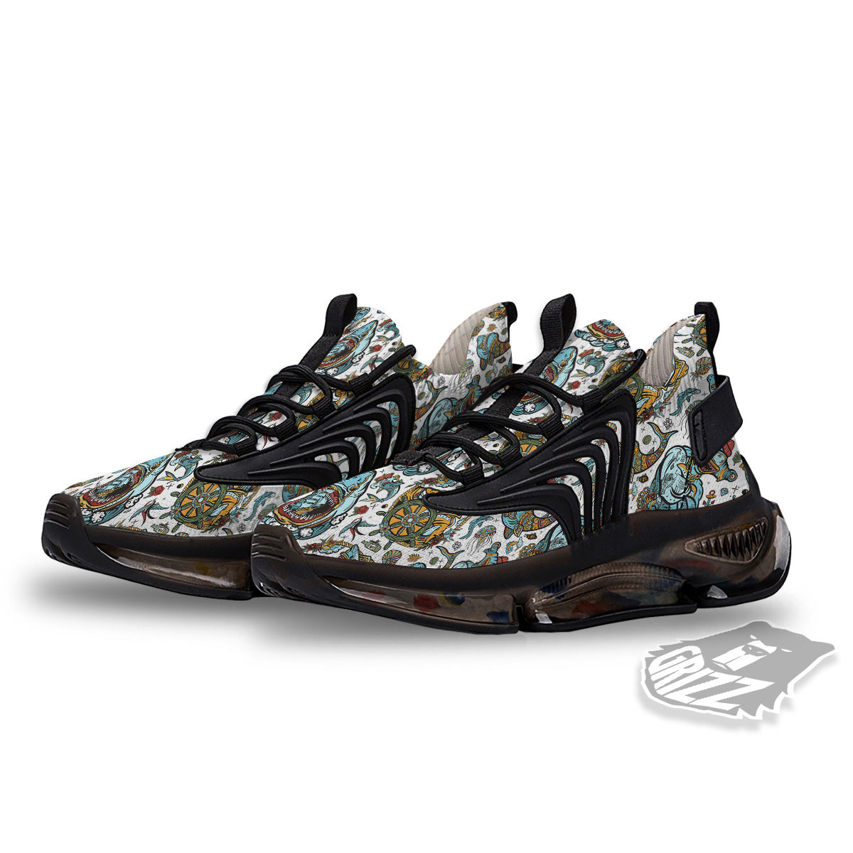 Sharks Underwater Tattoo Print Pattern Black Gym Shoes-grizzshop