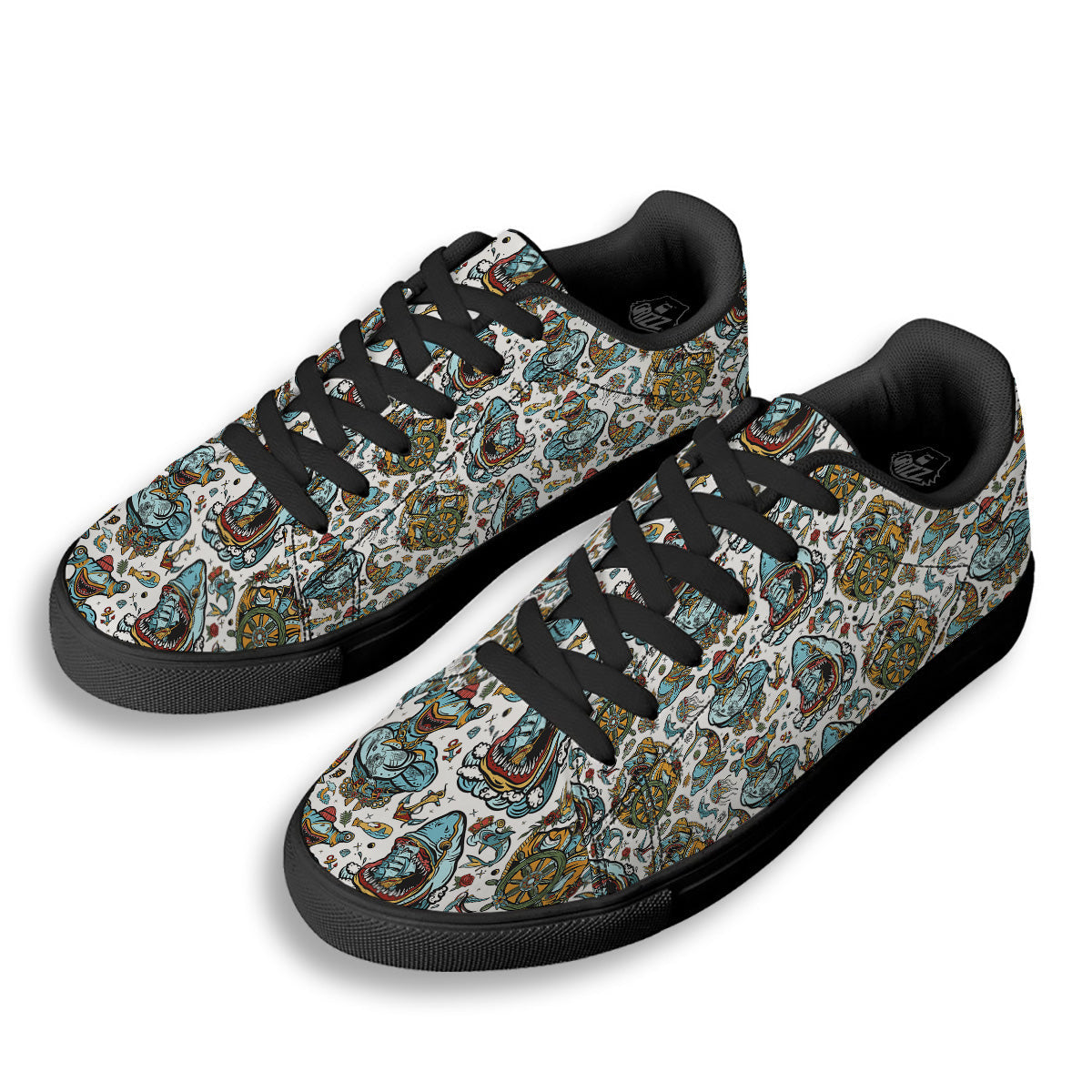 Sharks Underwater Tattoo Print Pattern Black Low Top Sneakers-grizzshop