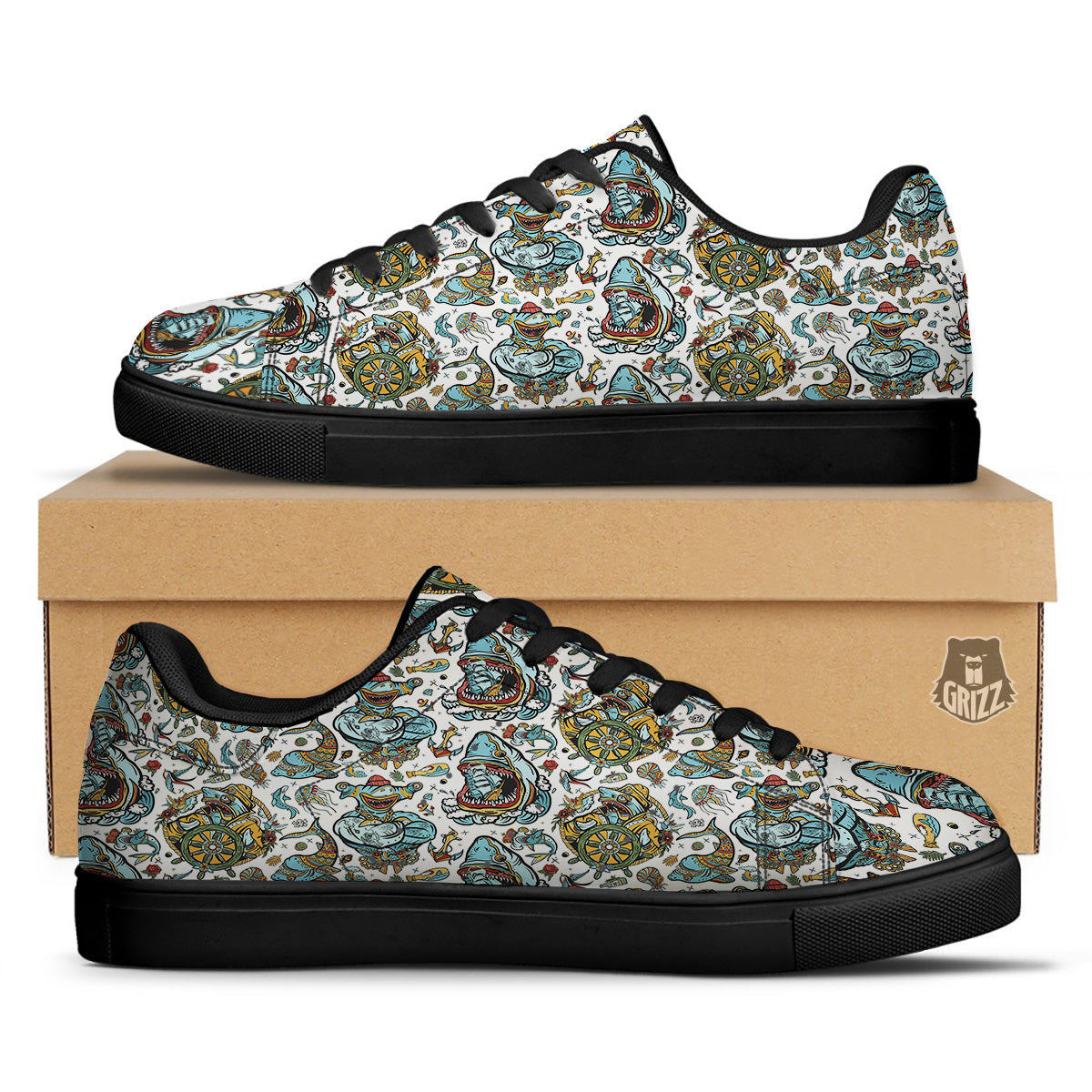 Sharks Underwater Tattoo Print Pattern Black Low Top Sneakers-grizzshop