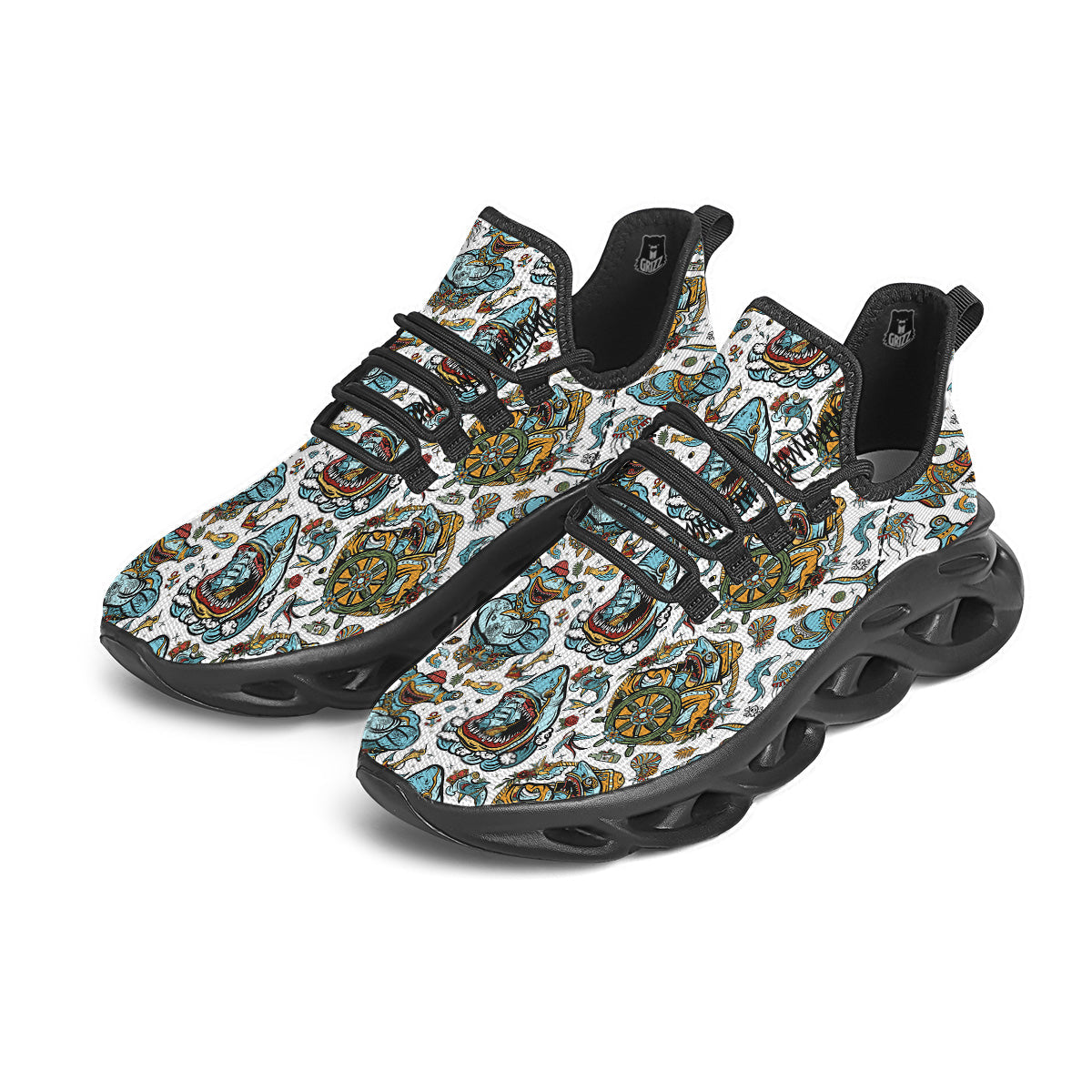 Sharks Underwater Tattoo Print Pattern Black Running Shoes-grizzshop