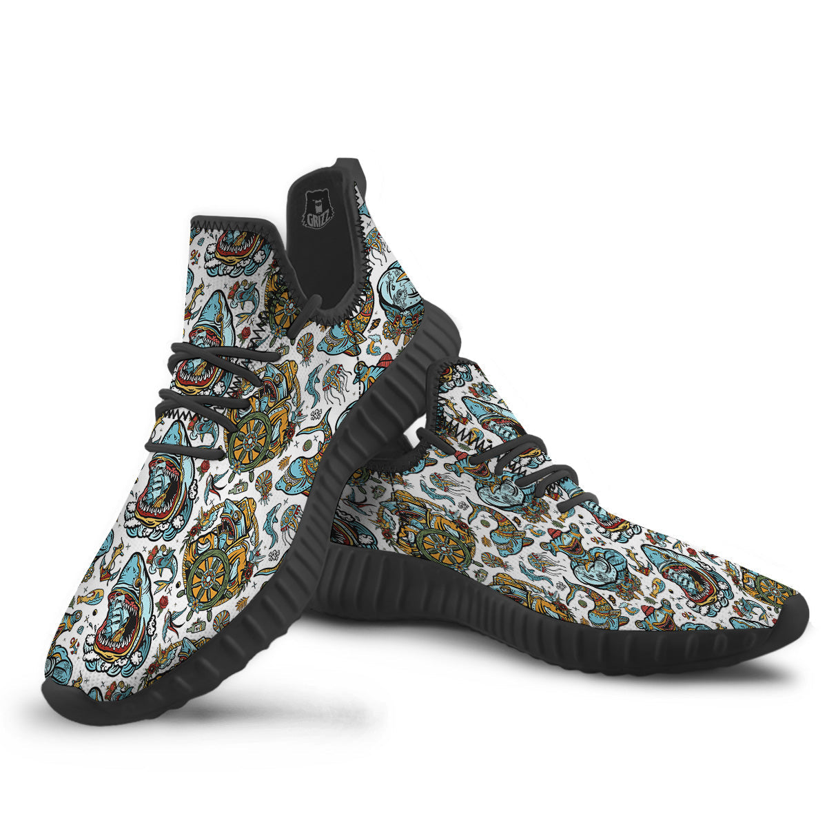 Sharks Underwater Tattoo Print Pattern Black Walking Shoes-grizzshop