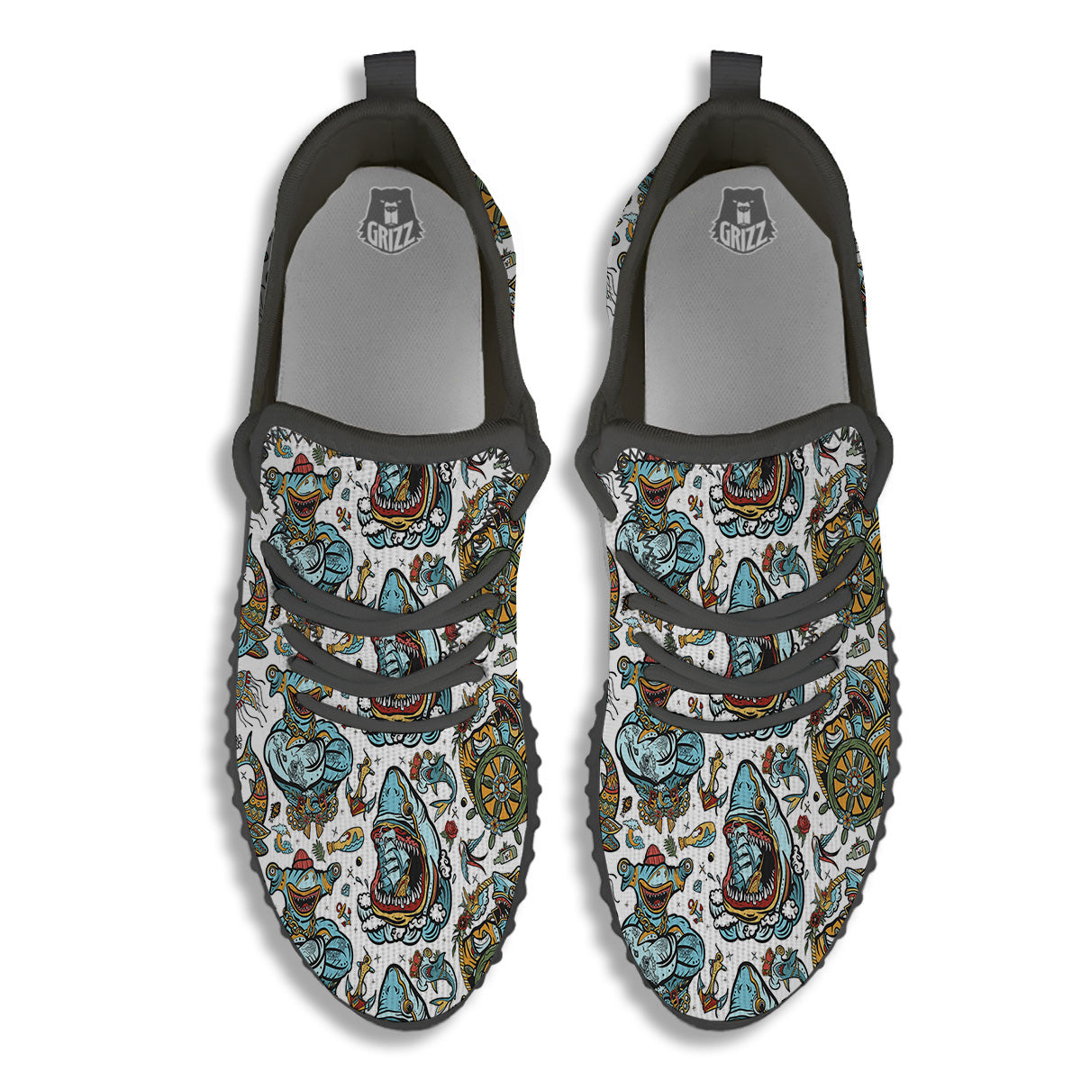 Sharks Underwater Tattoo Print Pattern Black Walking Shoes-grizzshop