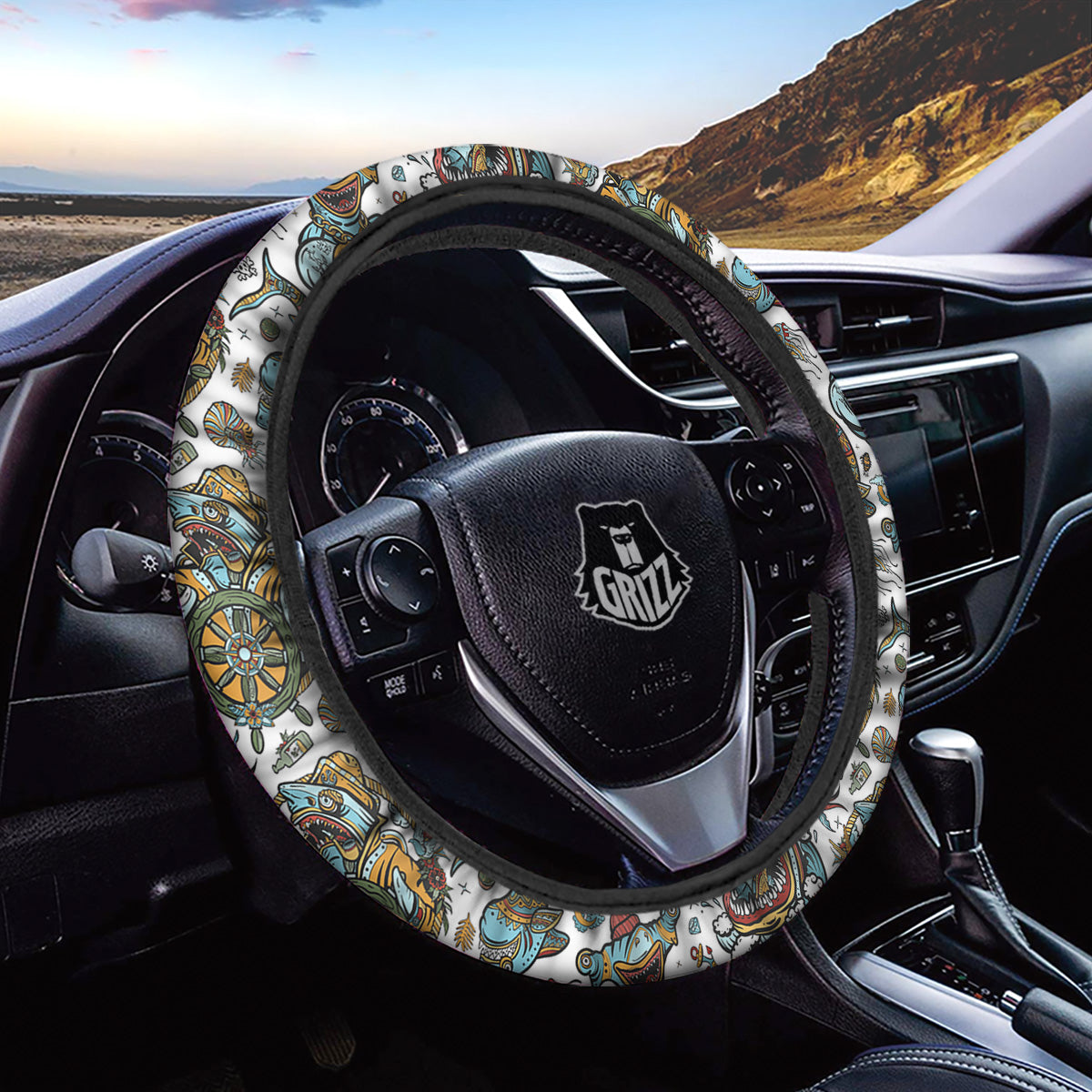 Sharks Underwater Tattoo Print Pattern Car Steering Wheel Cover-grizzshop