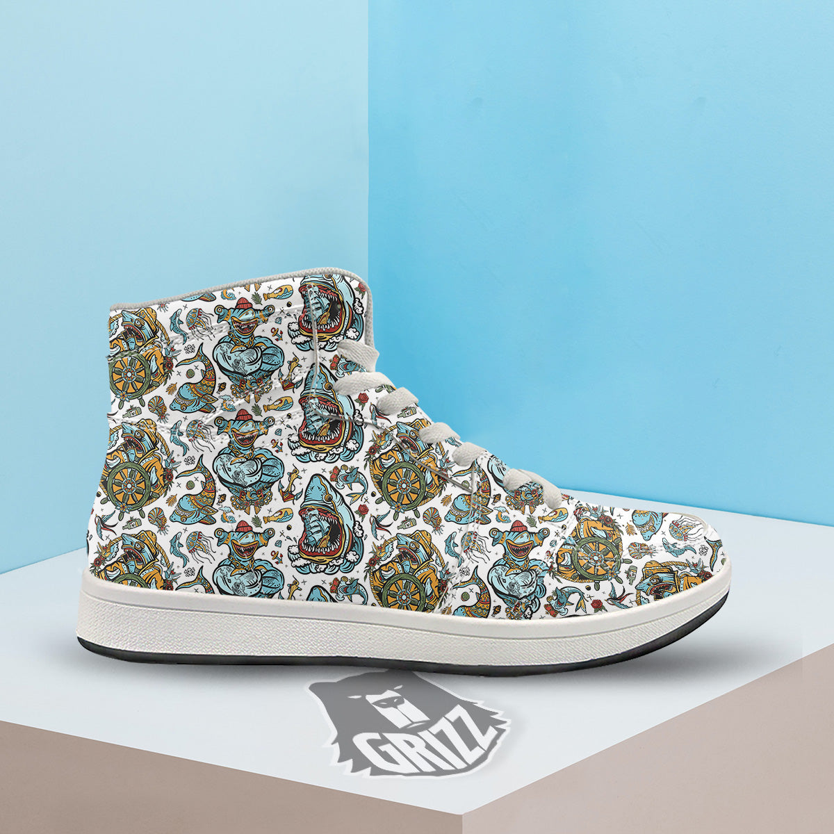 Sharks Underwater Tattoo Print Pattern High Top Sneakers-grizzshop