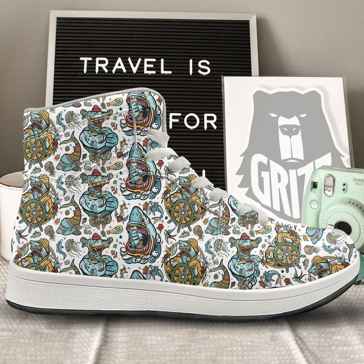 Sharks Underwater Tattoo Print Pattern High Top Sneakers-grizzshop